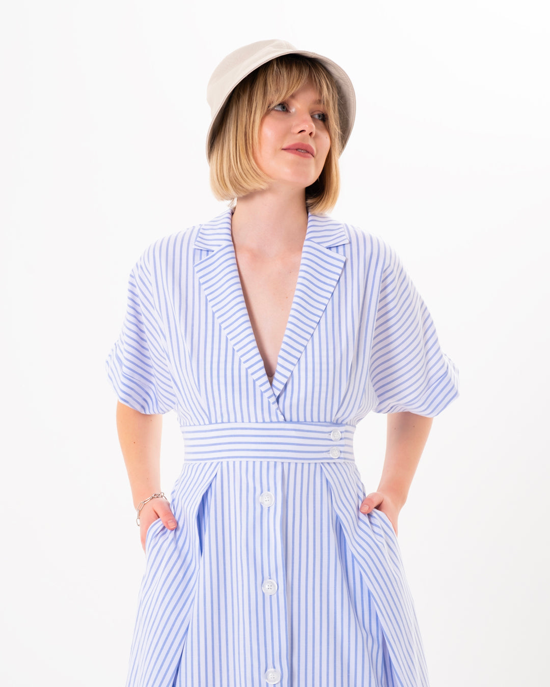 Button Detailed Front Lined Striped Dress