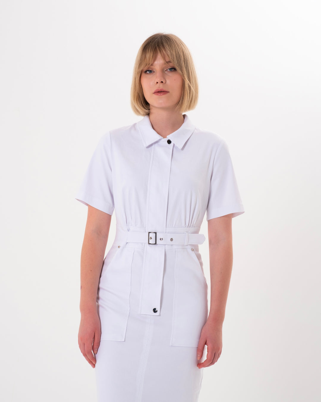 Gömlek Yaka, Önü Patlı-Fermuarlı, Beli Kendinden Kemerli, Kısa Kol Elbise