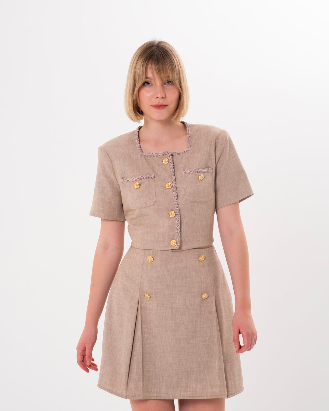 Button Detailed Crop Jacket-Skirt Set with Embroidered Collar