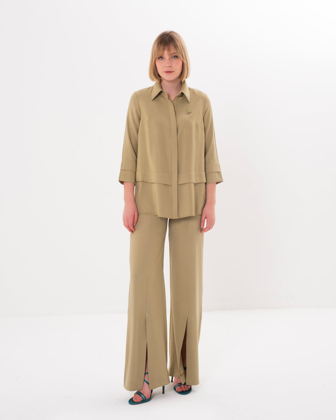 Shirt Collar Front Buttoned Blouse-Pants Set