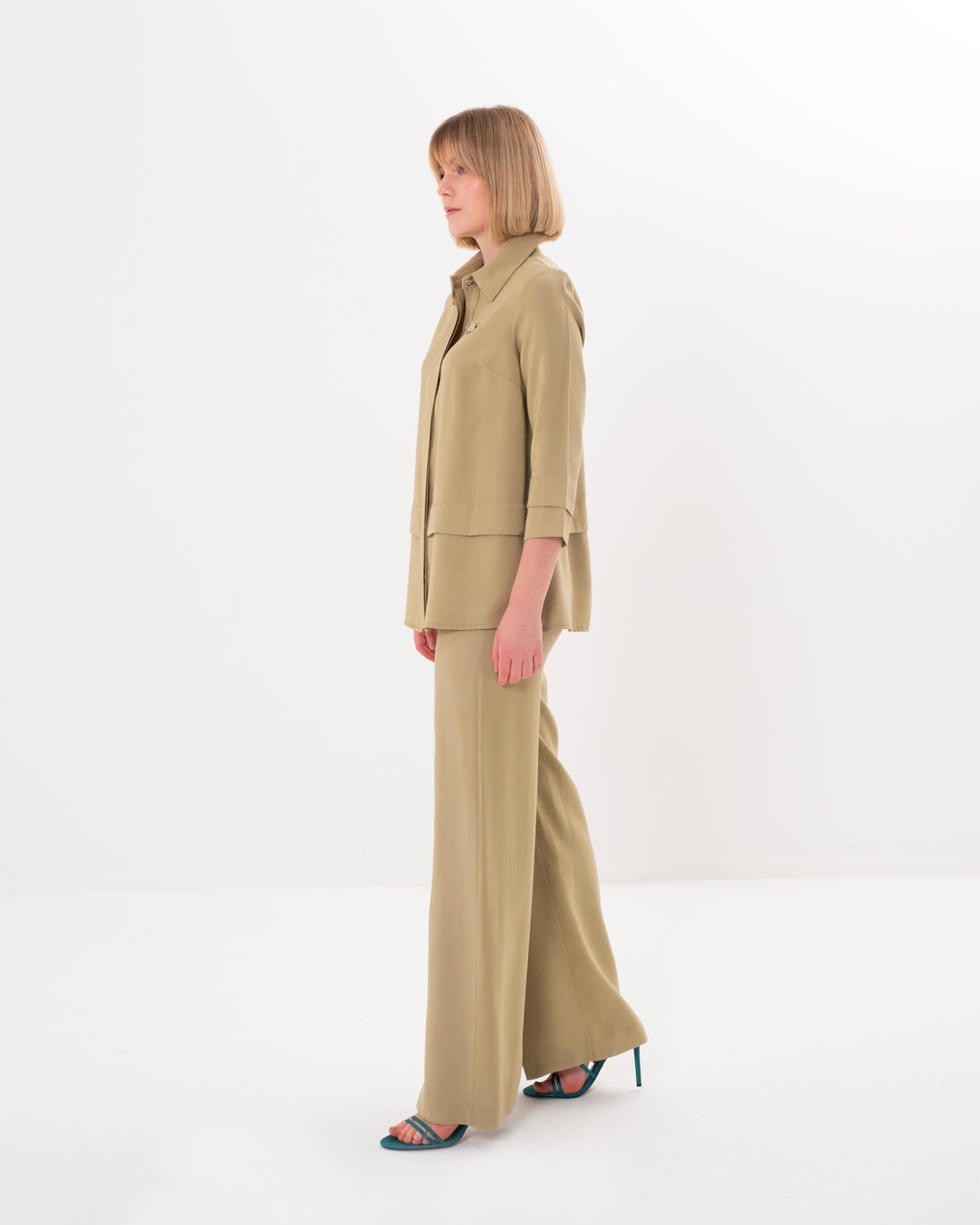 Shirt Collar Front Buttoned Blouse-Pants Set