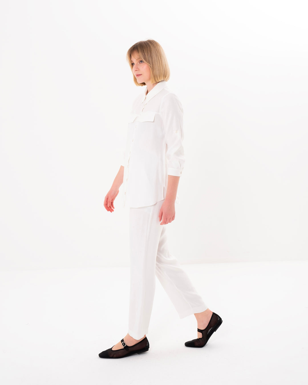 Gömlek Yaka Önü Düğmeli Bluz-Beli Lastikli Pantolon Takım