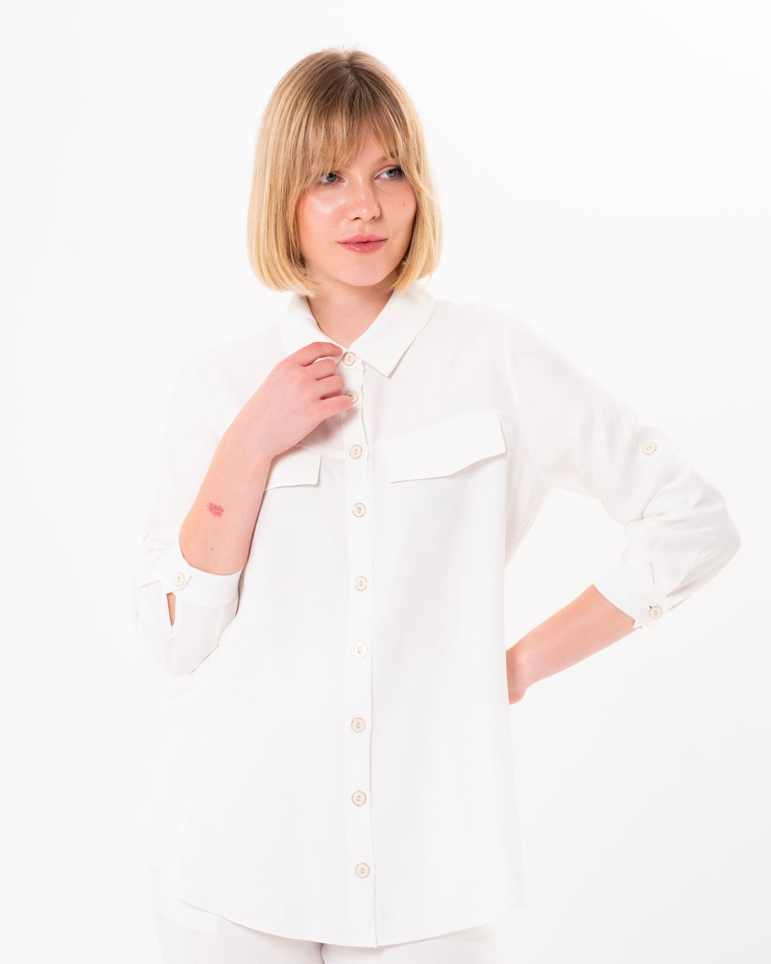 Gömlek Yaka Önü Düğmeli Bluz-Beli Lastikli Pantolon Takım