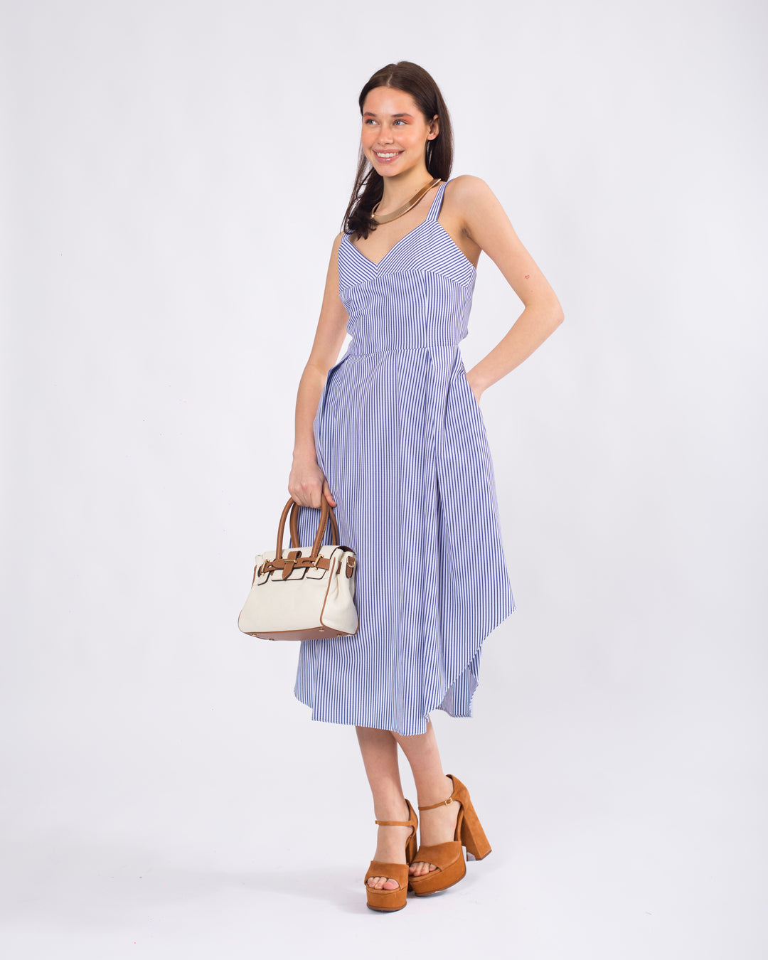 Sırt Detaylı, Volanlı, Çizgili Askılı Elbise