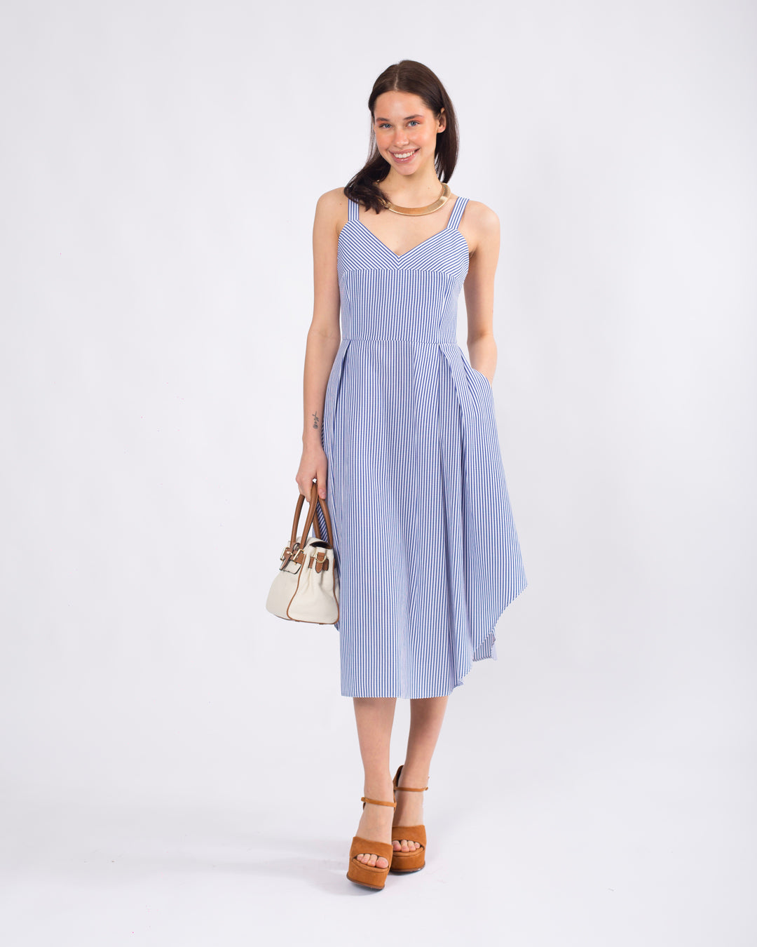 Sırt Detaylı, Volanlı, Çizgili Askılı Elbise