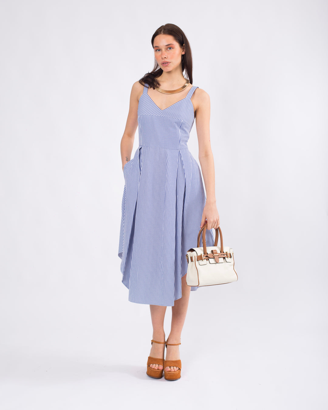 Sırt Detaylı, Volanlı, Çizgili Askılı Elbise