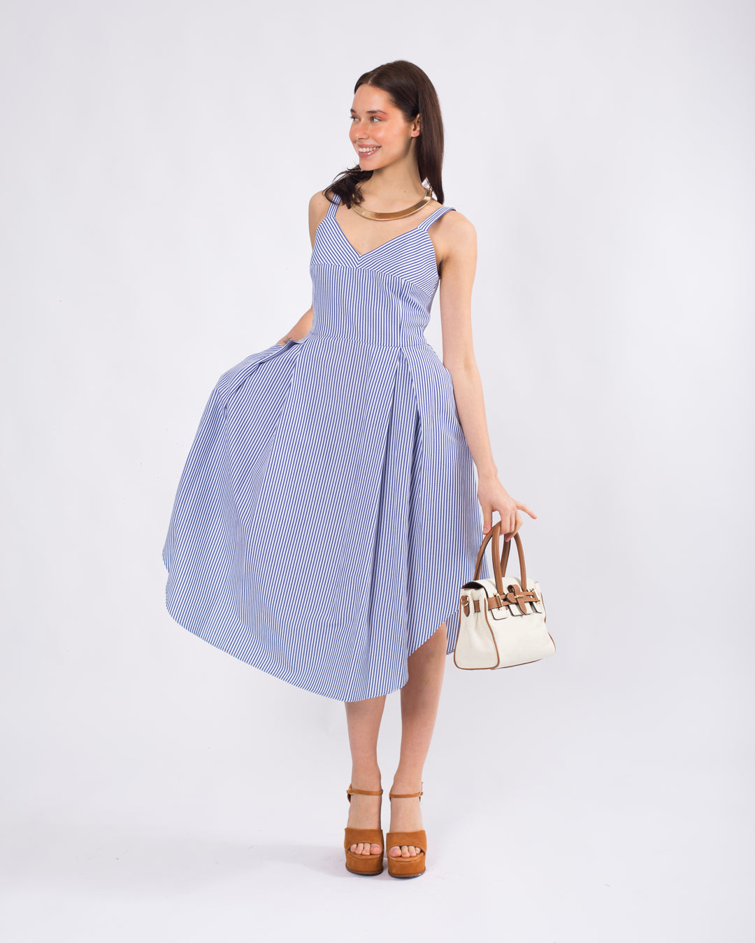 Sırt Detaylı, Volanlı, Çizgili Askılı Elbise