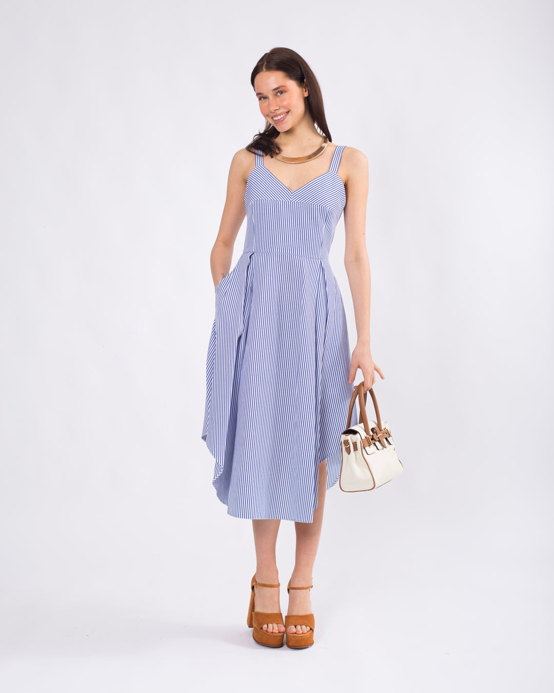 Sırt Detaylı, Volanlı, Çizgili Askılı Elbise