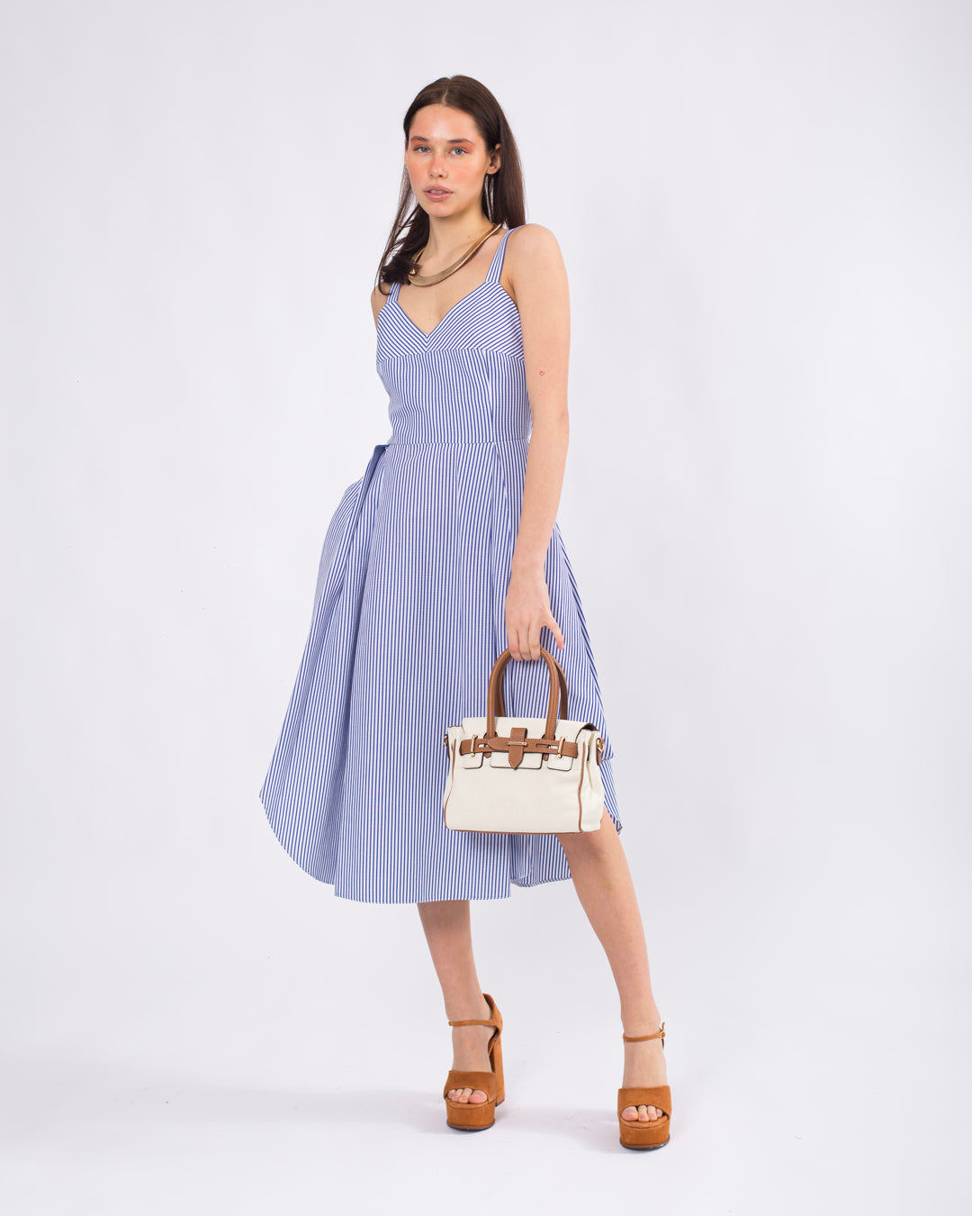 Sırt Detaylı, Volanlı, Çizgili Askılı Elbise