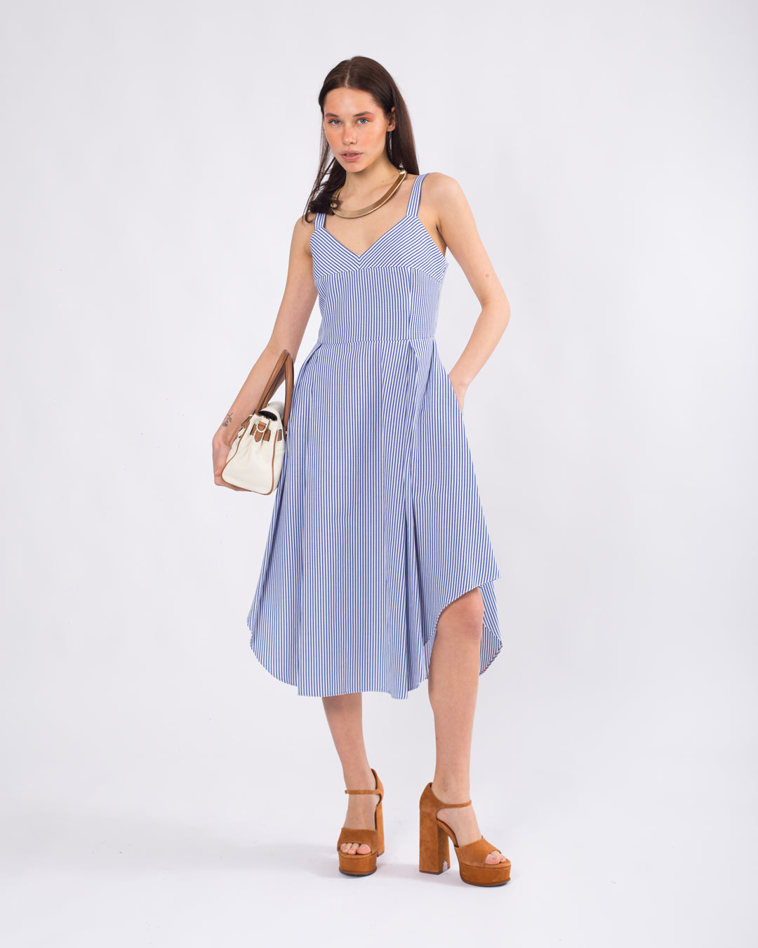 Sırt Detaylı, Volanlı, Çizgili Askılı Elbise