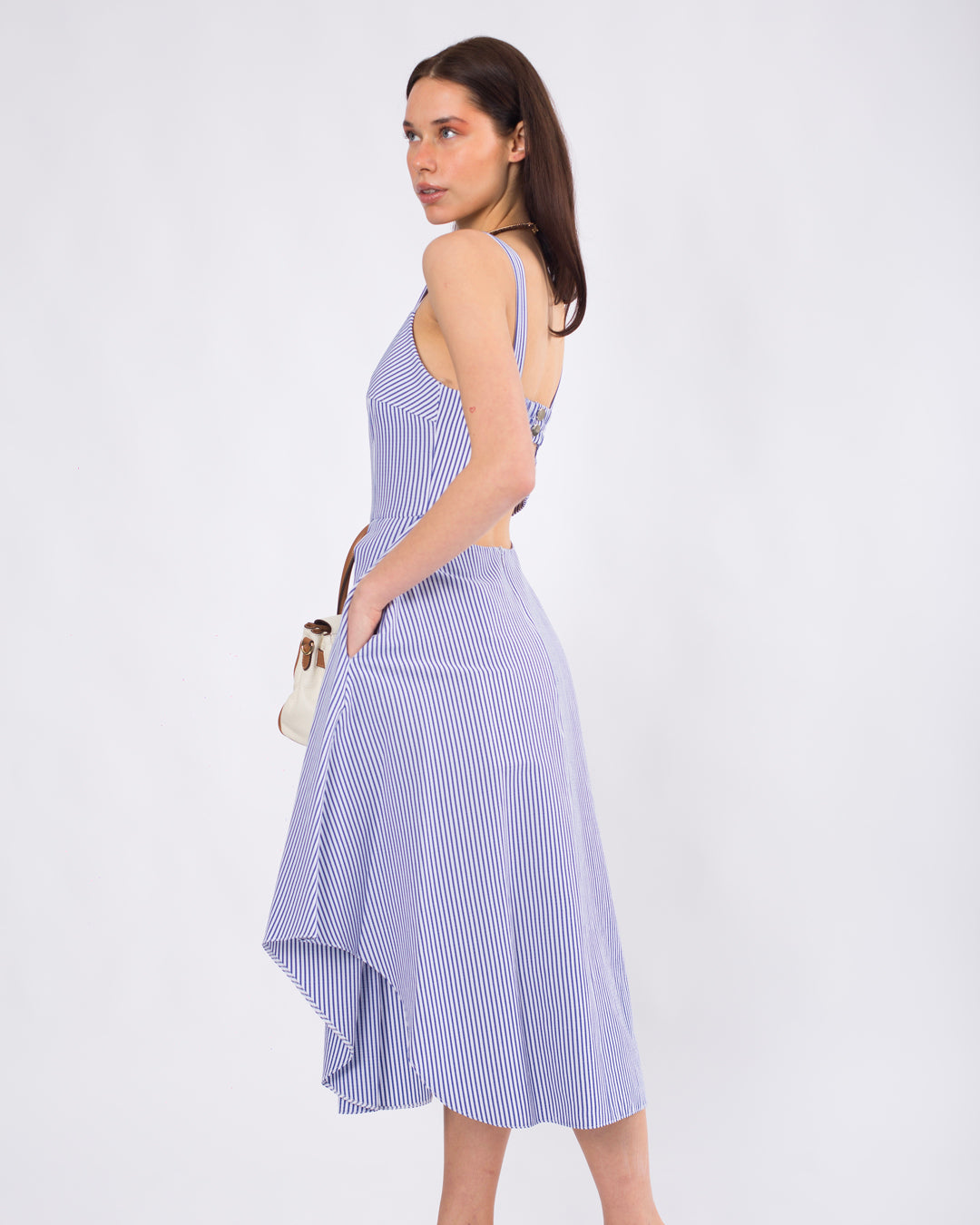 Sırt Detaylı, Volanlı, Çizgili Askılı Elbise