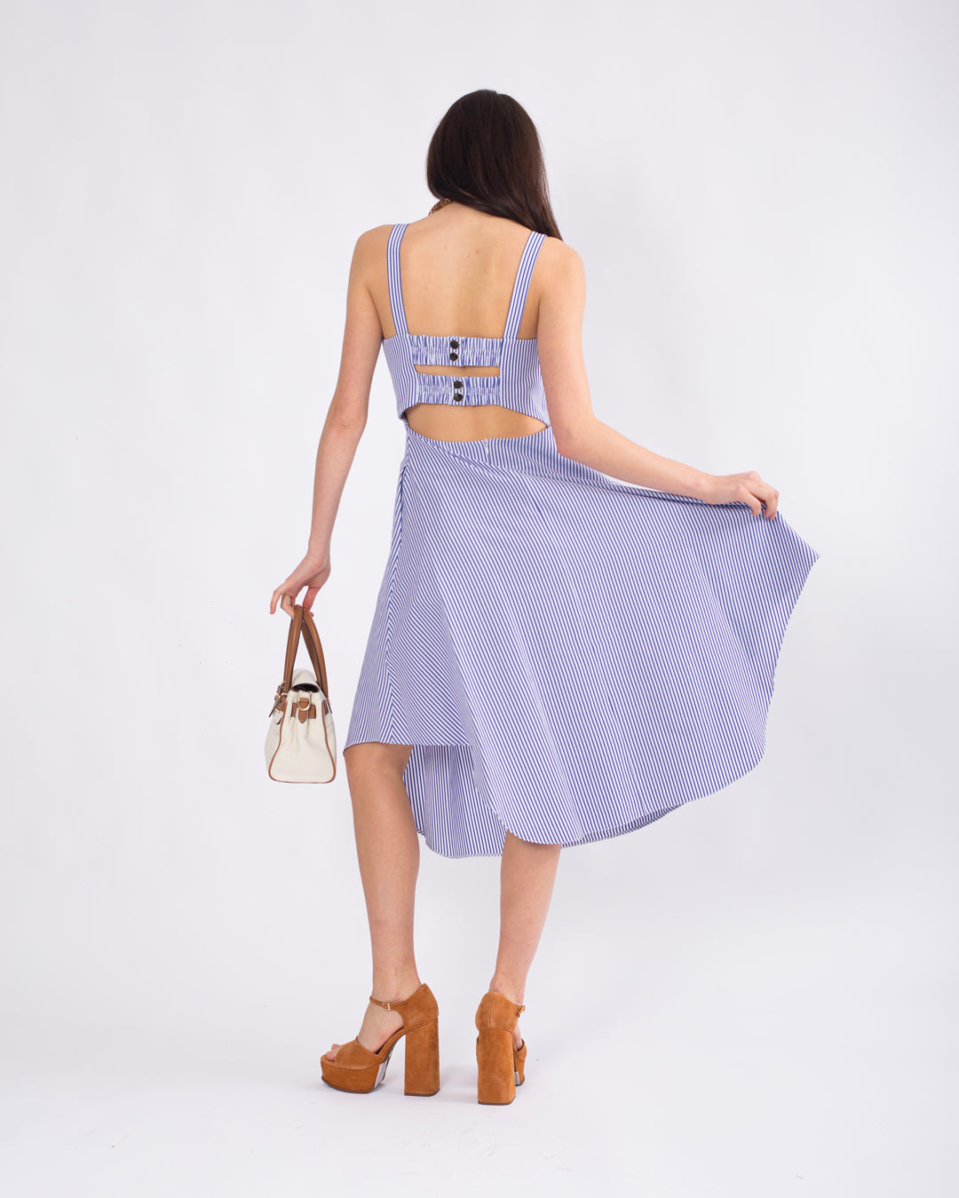 Sırt Detaylı, Volanlı, Çizgili Askılı Elbise