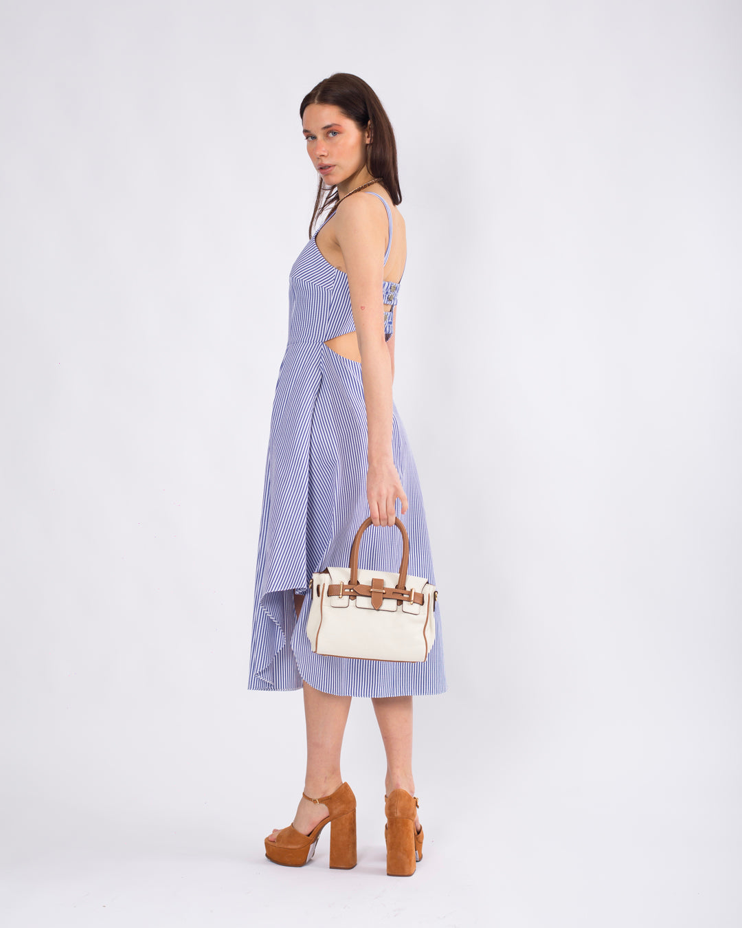 Sırt Detaylı, Volanlı, Çizgili Askılı Elbise