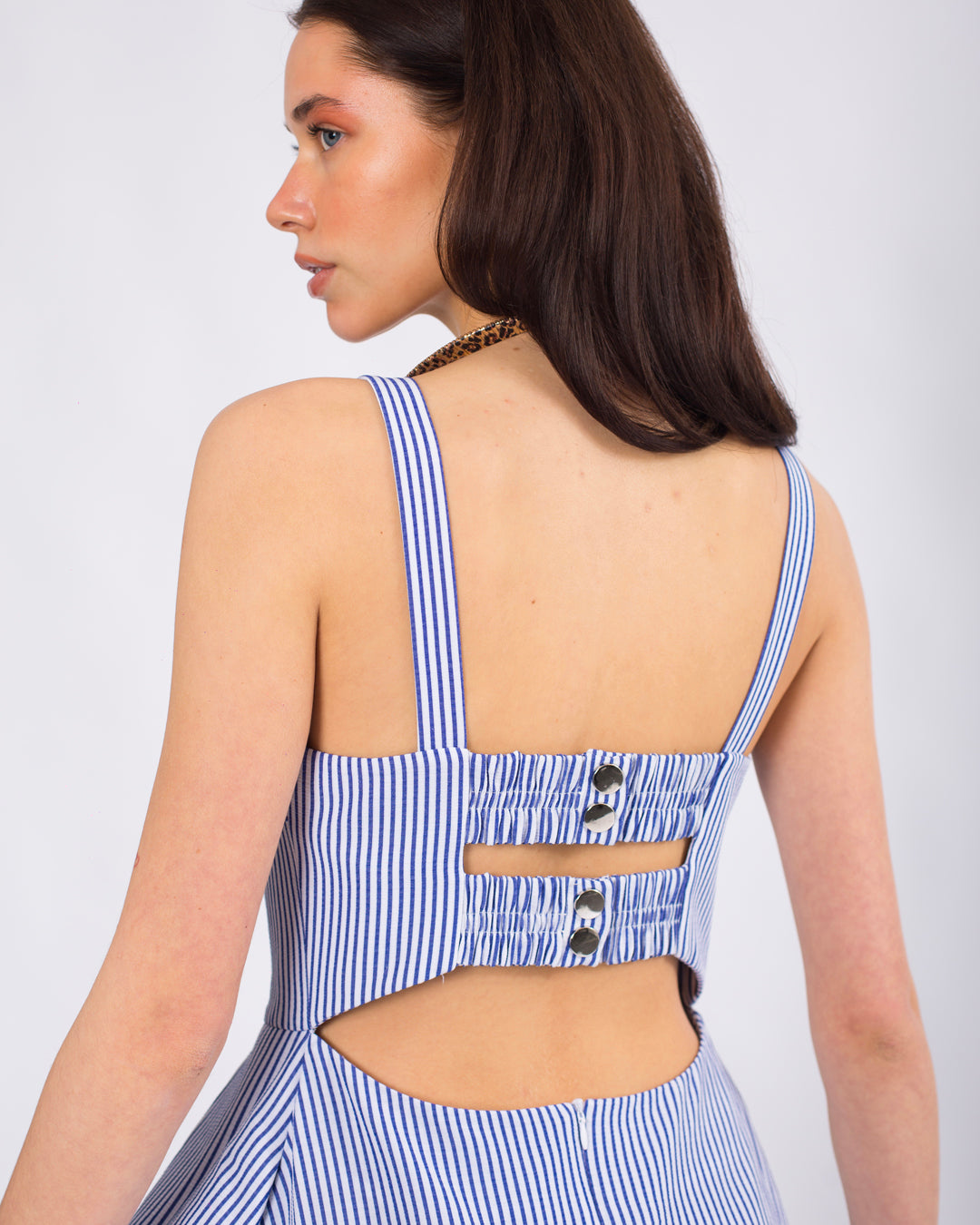 Sırt Detaylı, Volanlı, Çizgili Askılı Elbise