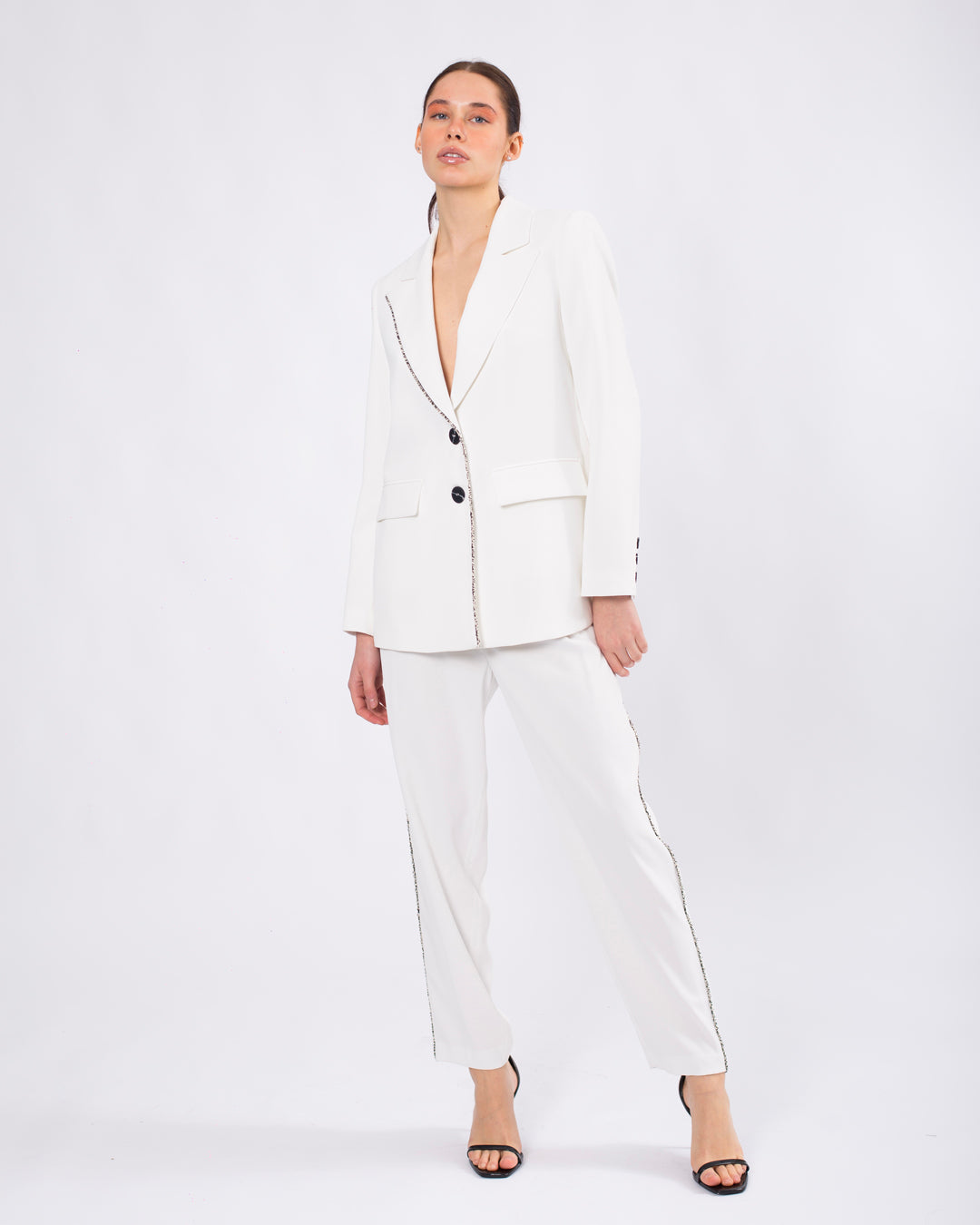 Kruvaze Yaka Detaylı Düğmeli Ceket - Beli Lastikli Pantolon Takım