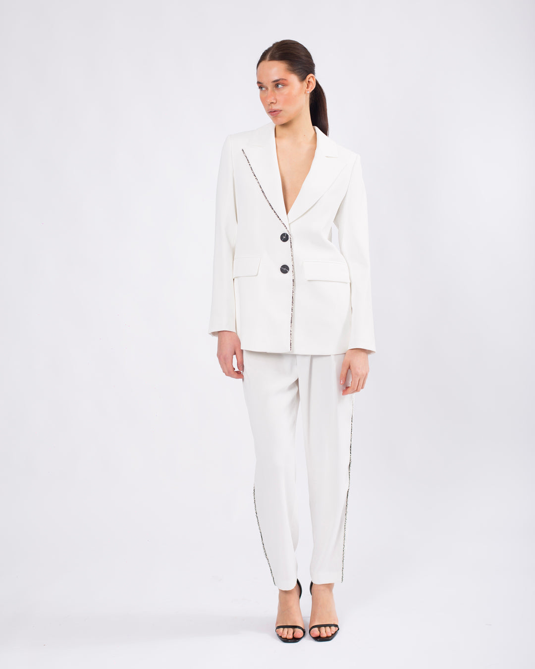 Kruvaze Yaka Detaylı Düğmeli Ceket - Beli Lastikli Pantolon Takım