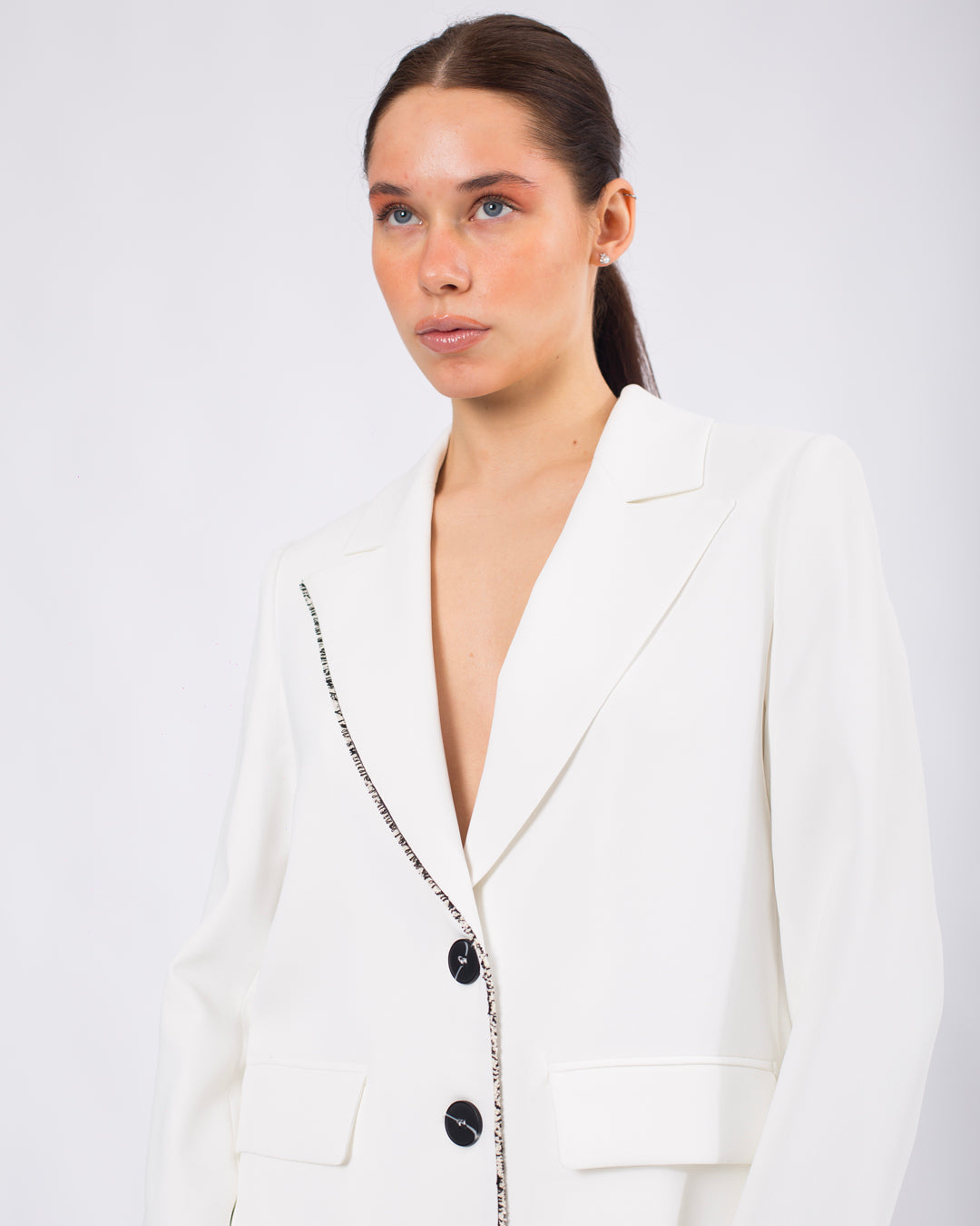 Kruvaze Yaka Detaylı Düğmeli Ceket - Beli Lastikli Pantolon Takım