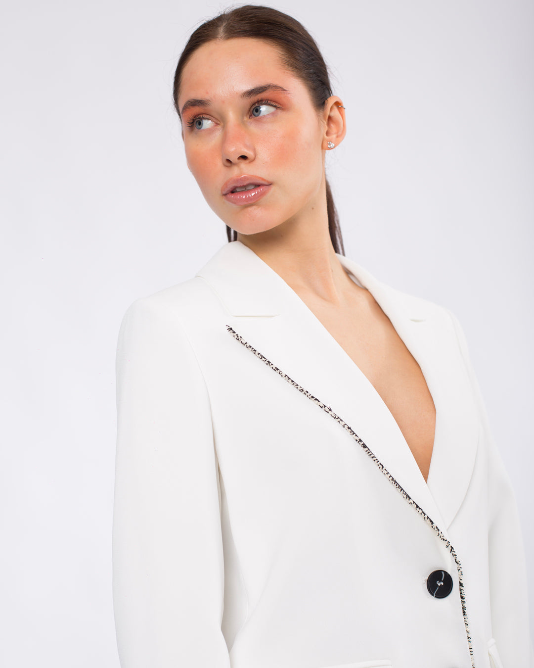 Kruvaze Yaka Detaylı Düğmeli Ceket - Beli Lastikli Pantolon Takım