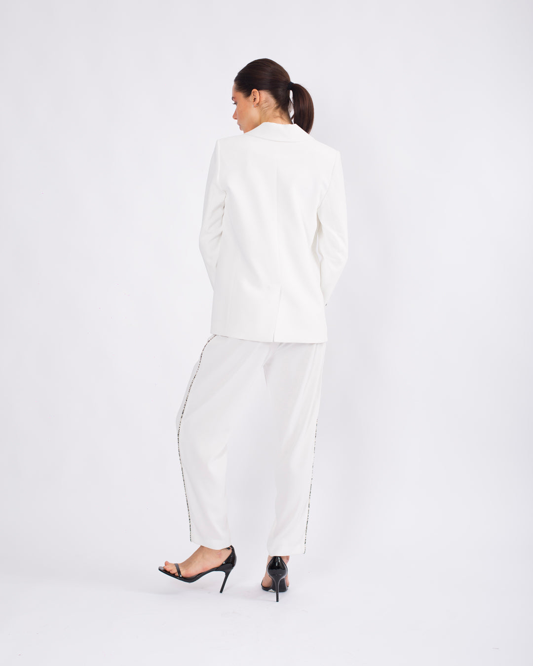 Kruvaze Yaka Detaylı Düğmeli Ceket - Beli Lastikli Pantolon Takım