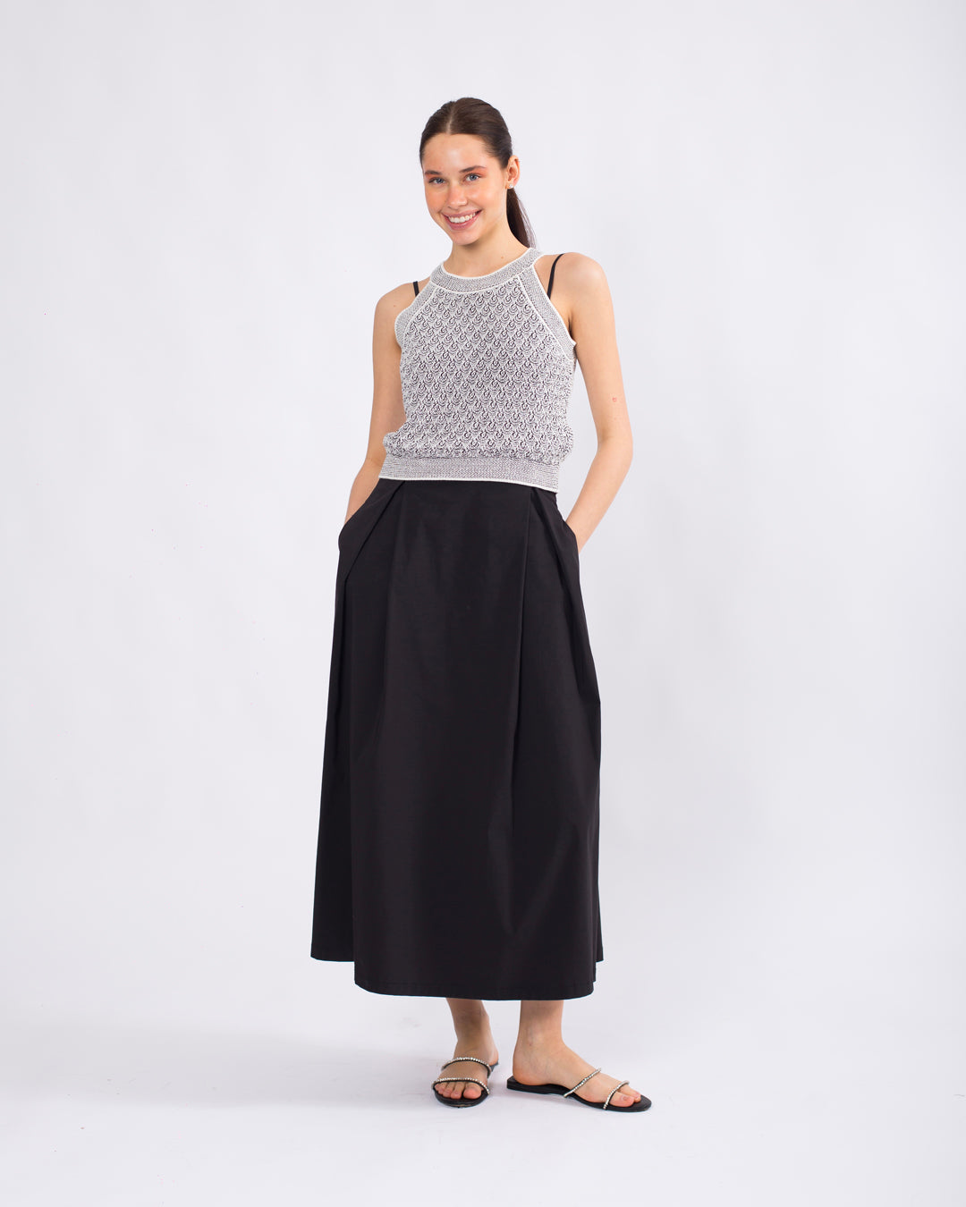 Yuvarlak Yaka, Merserize Crop Triko Bluz - Askılı Elbise