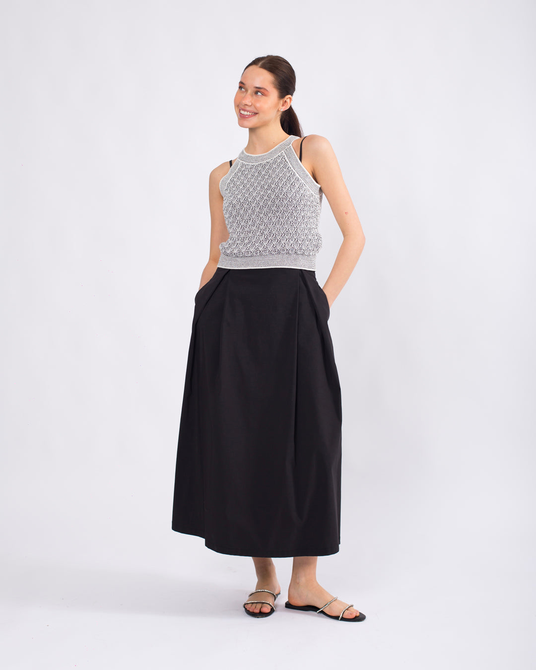 Yuvarlak Yaka, Merserize Crop Triko Bluz - Askılı Elbise