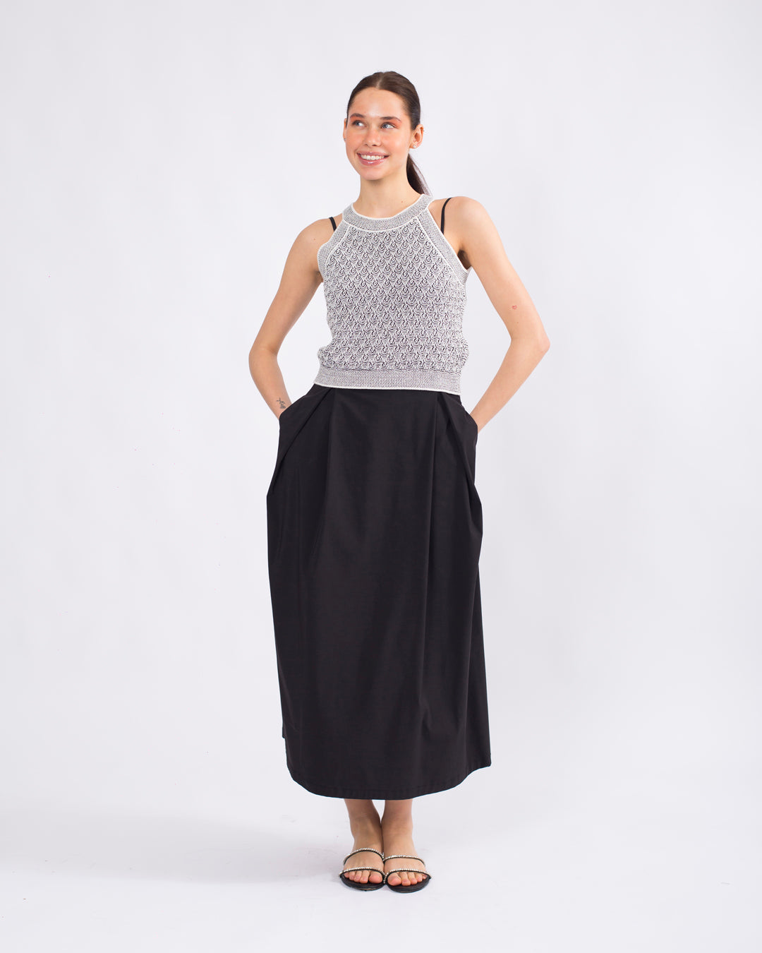 Yuvarlak Yaka, Merserize Crop Triko Bluz - Askılı Elbise