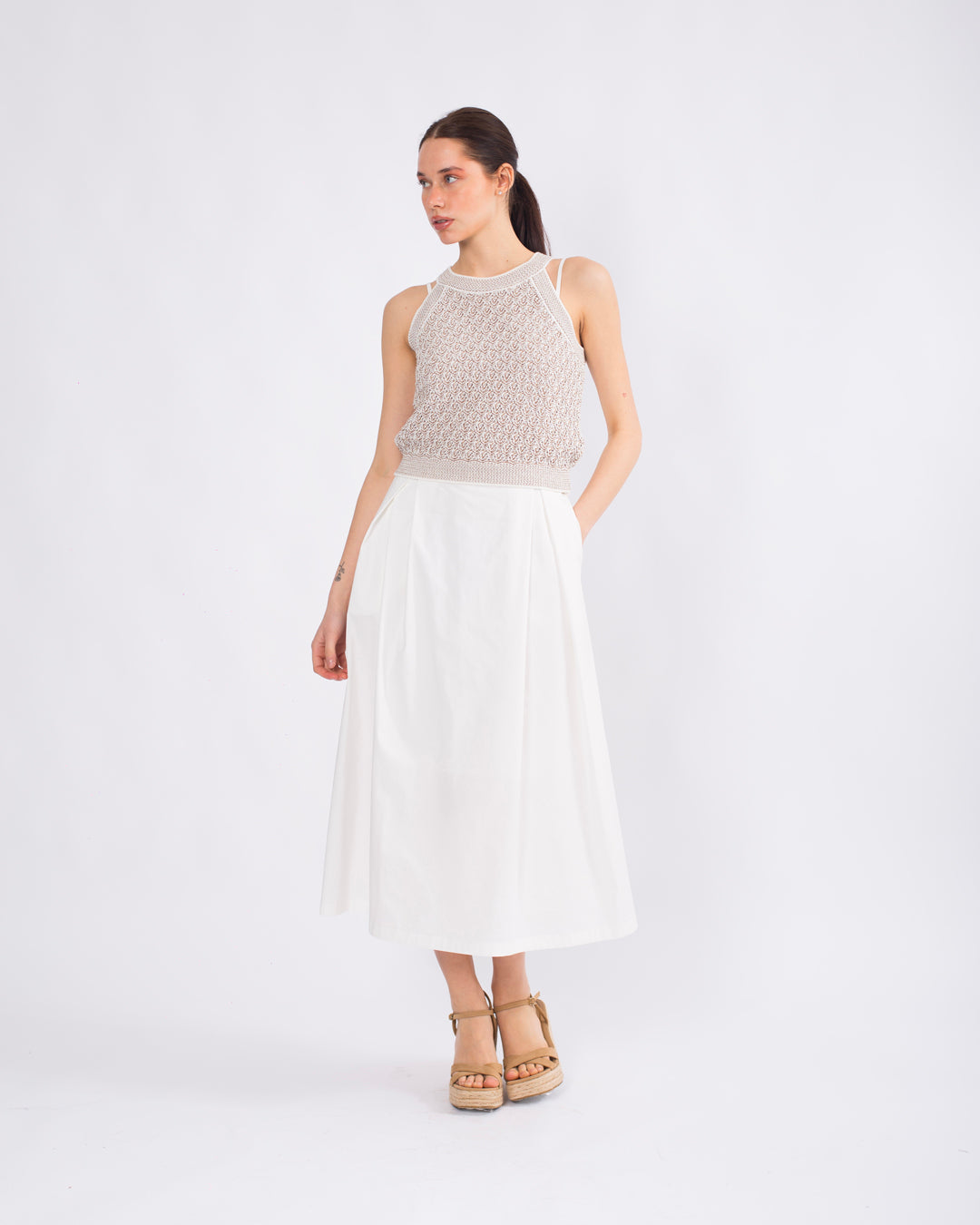 Yuvarlak Yaka, Merserize Crop Triko Bluz - Askılı Elbise