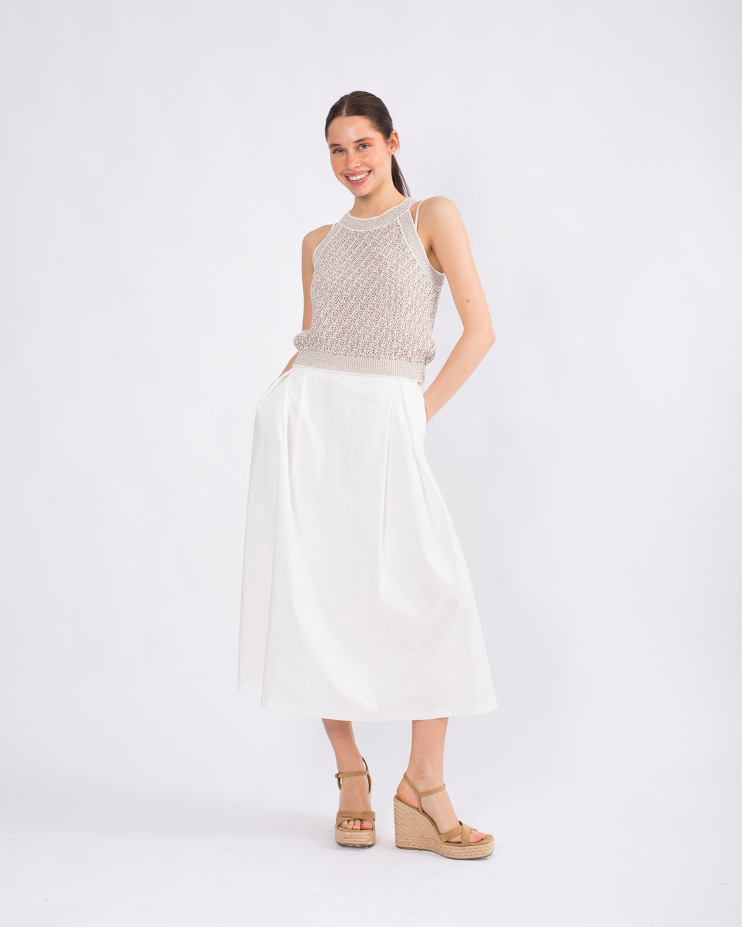 Yuvarlak Yaka, Merserize Crop Triko Bluz - Askılı Elbise