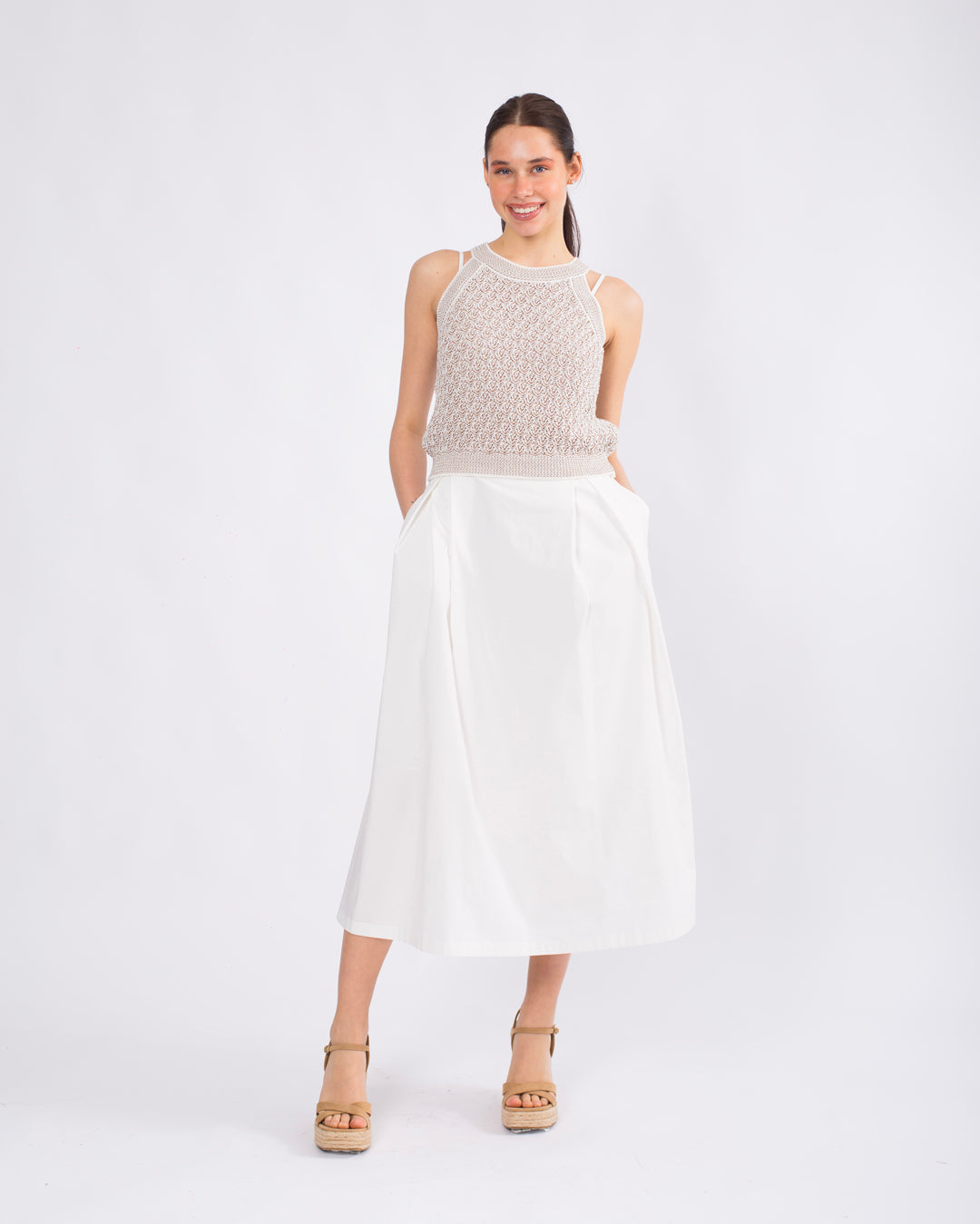 Yuvarlak Yaka, Merserize Crop Triko Bluz - Askılı Elbise