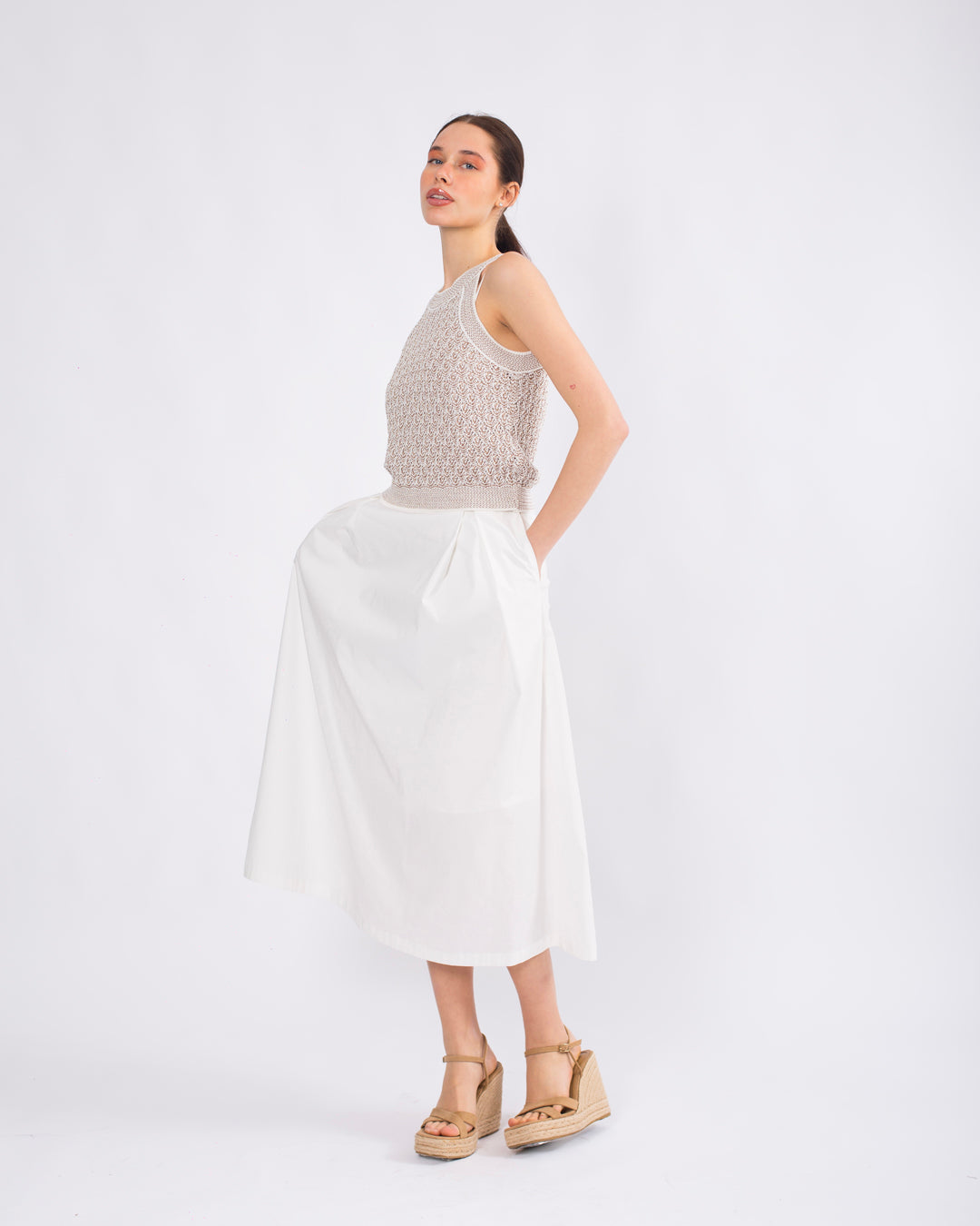 Yuvarlak Yaka, Merserize Crop Triko Bluz - Askılı Elbise