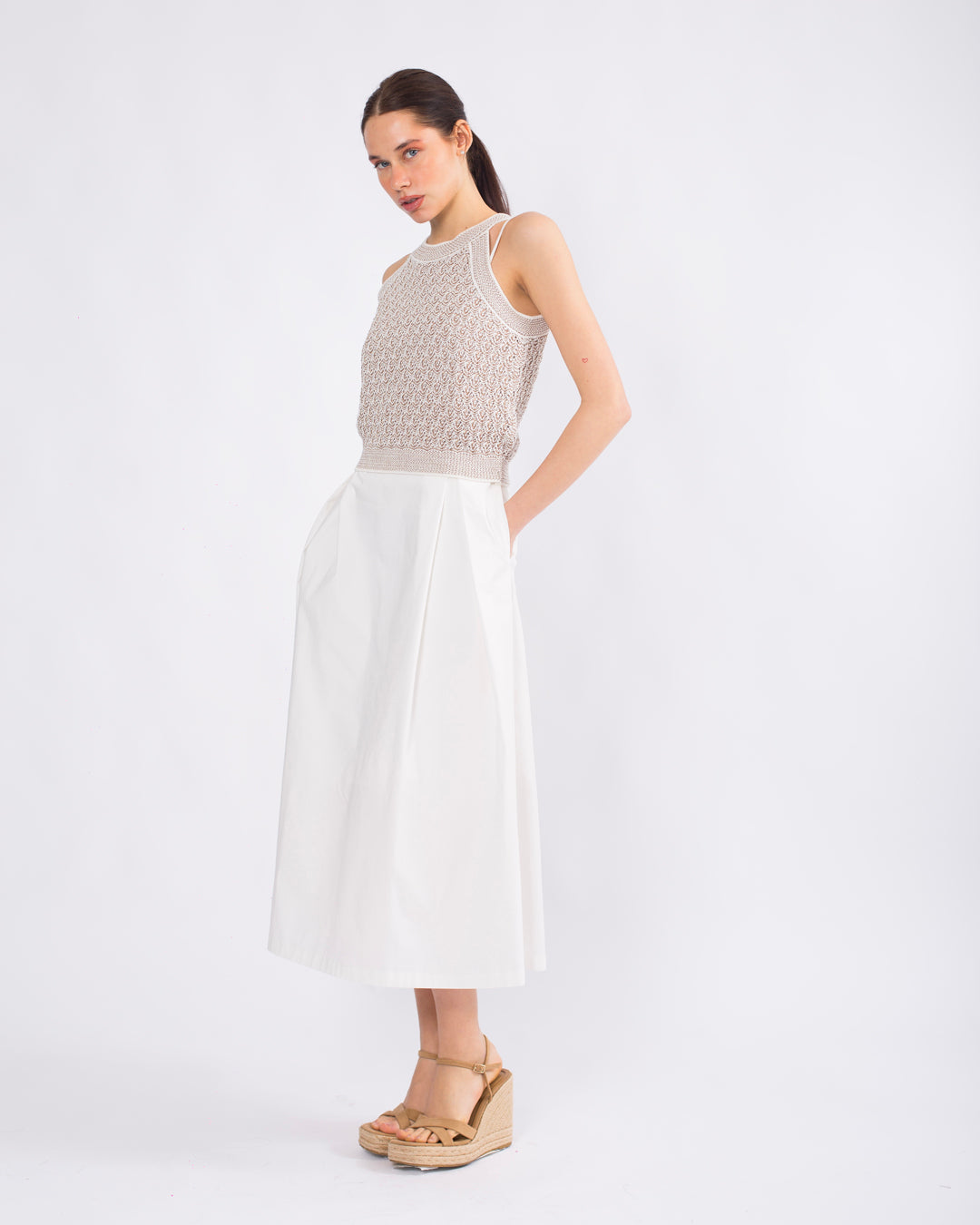 Yuvarlak Yaka, Merserize Crop Triko Bluz - Askılı Elbise