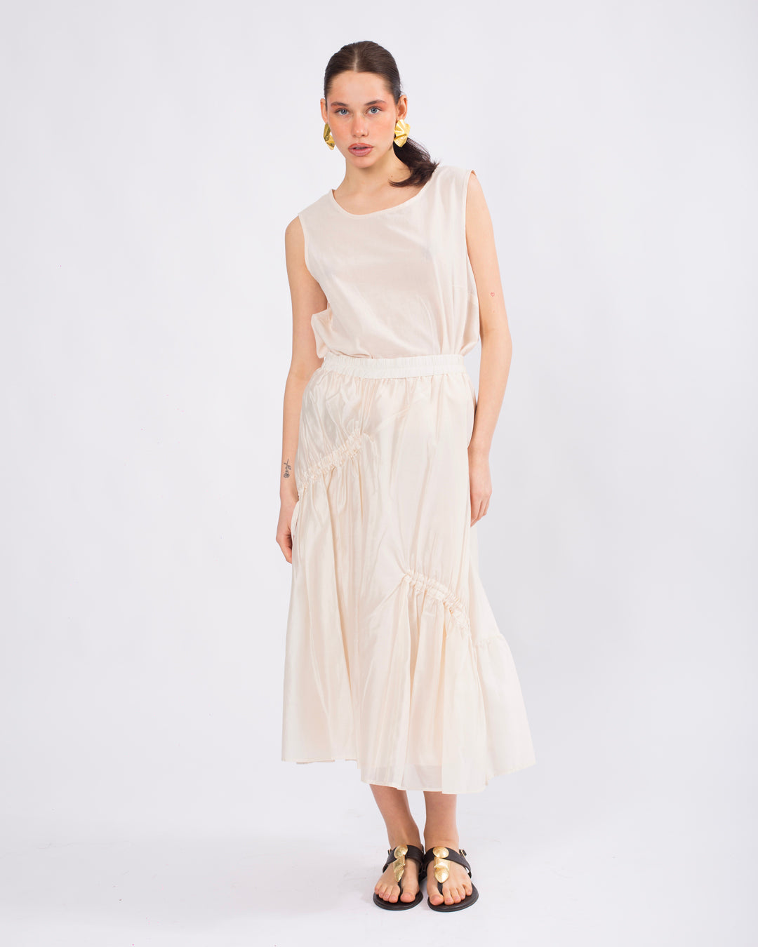 Yaka Detaylı Önü Düğmeli Oversize Ceket-Atlet-Beli Lastikli Etek Takım