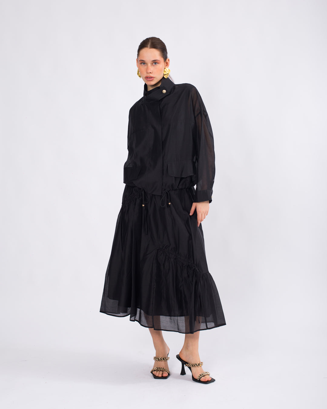 Yaka Detaylı Önü Düğmeli Oversize Ceket-Atlet-Beli Lastikli Etek Takım