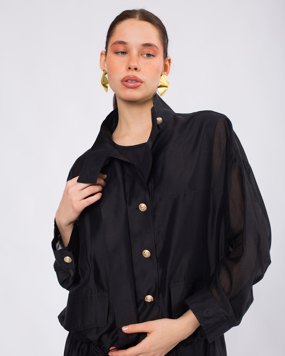 Yaka Detaylı Önü Düğmeli Oversize Ceket-Atlet-Beli Lastikli Etek Takım