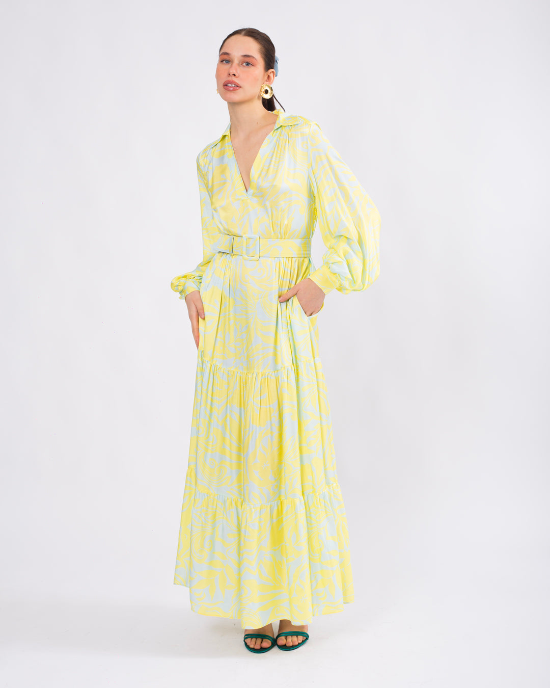 Gömlek Yaka Kemerli Uzun Elbise