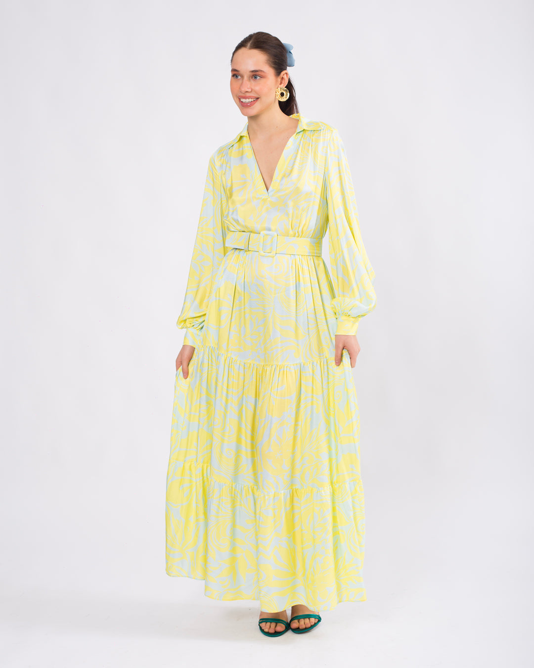 Gömlek Yaka Kemerli Uzun Elbise