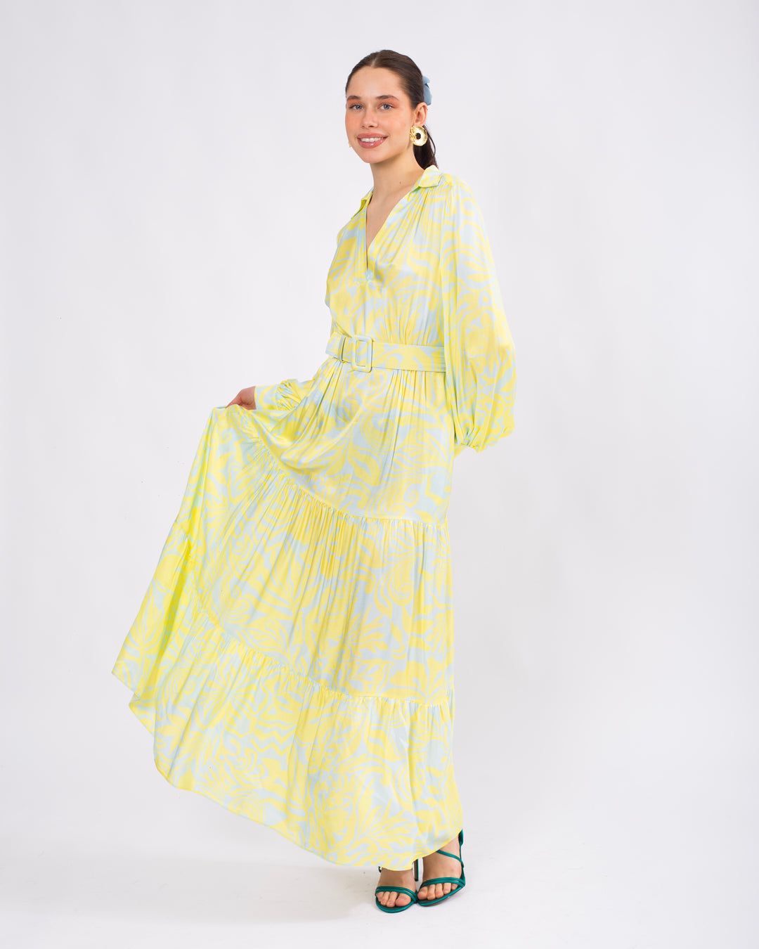 Gömlek Yaka Kemerli Uzun Elbise