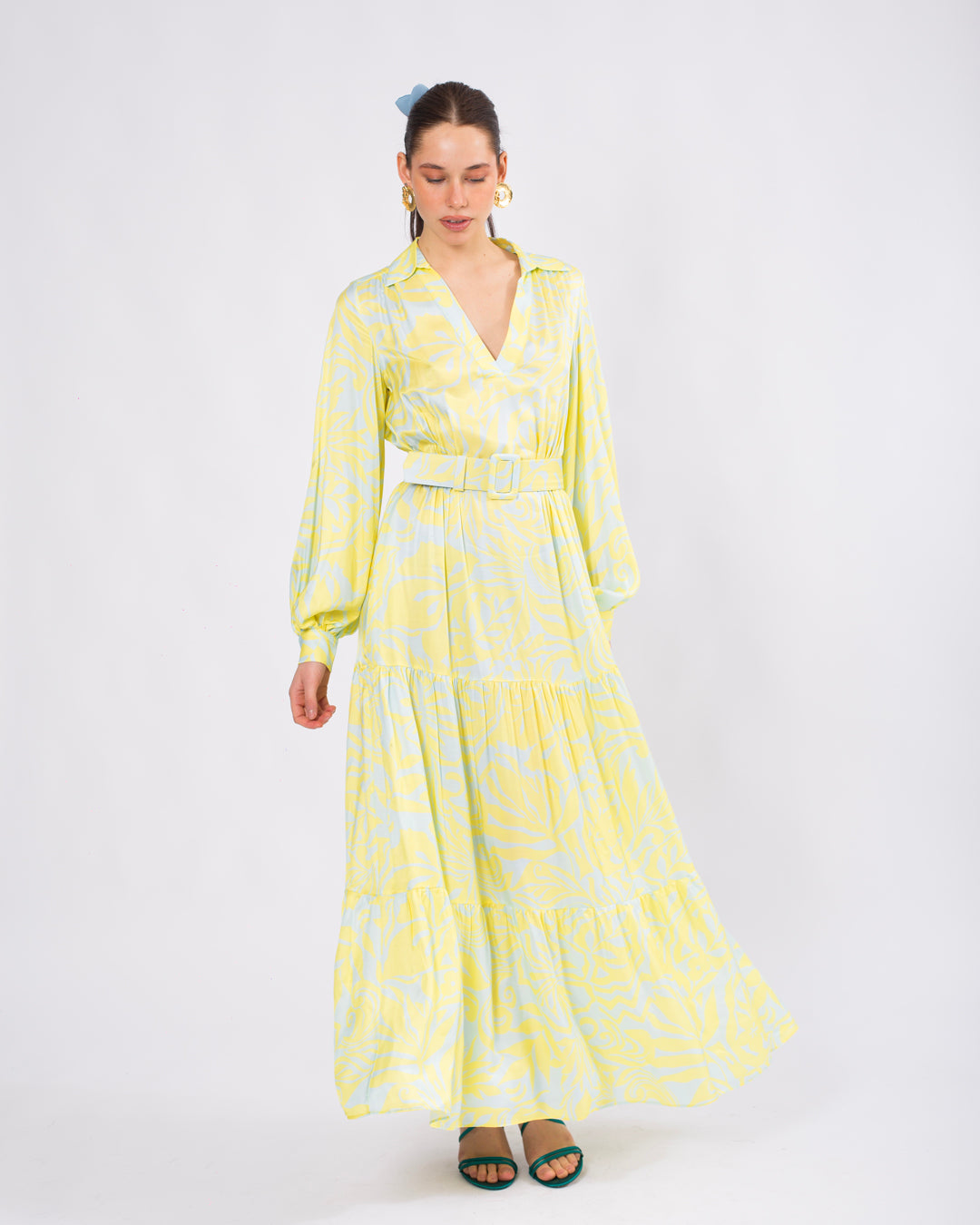 Gömlek Yaka Kemerli Uzun Elbise