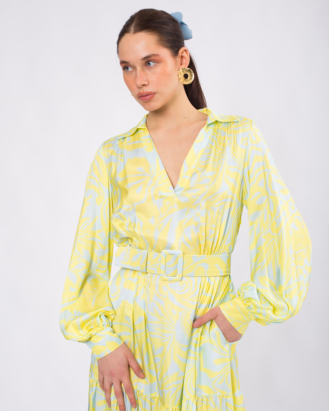 Gömlek Yaka Kemerli Uzun Elbise