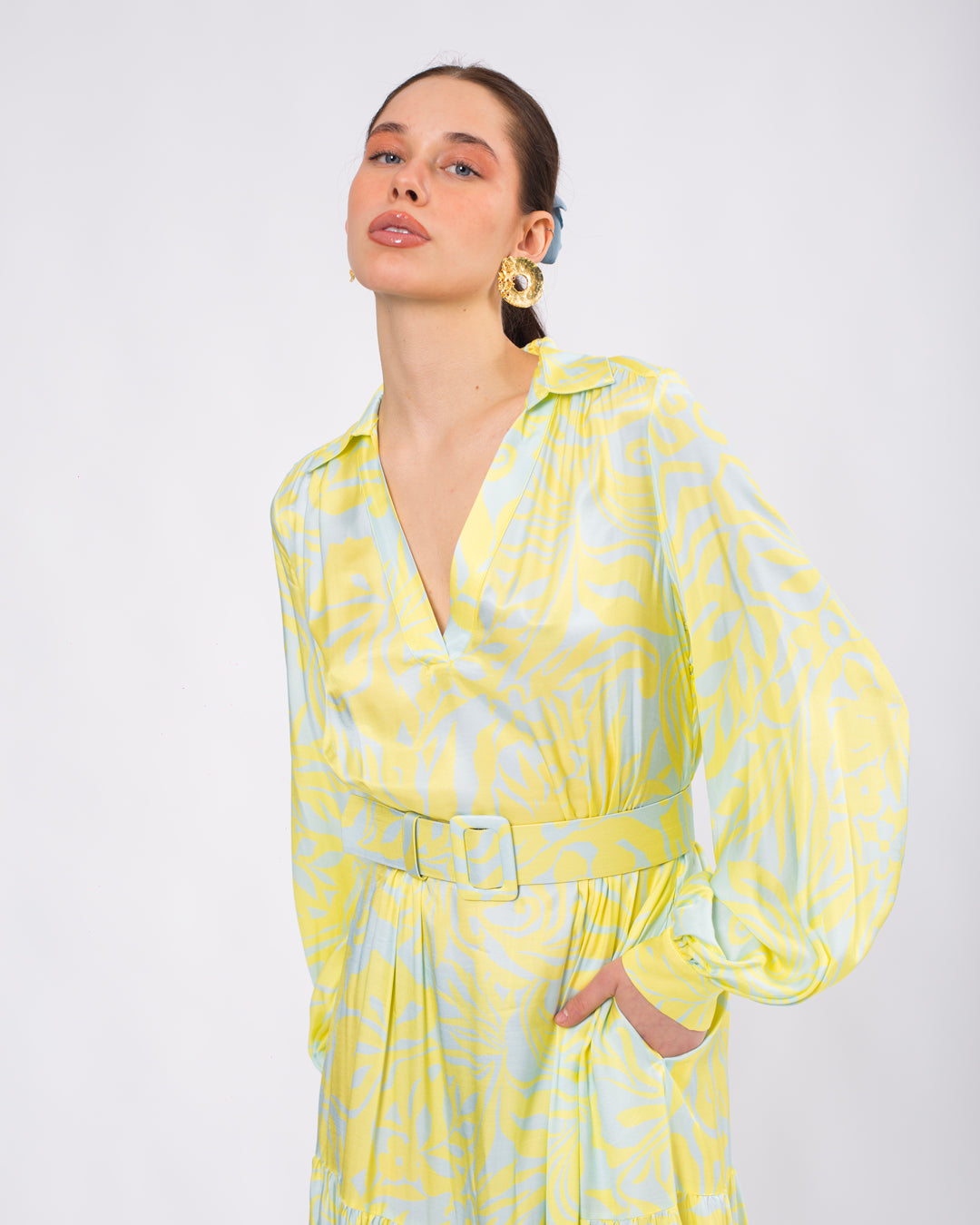 Gömlek Yaka Kemerli Uzun Elbise