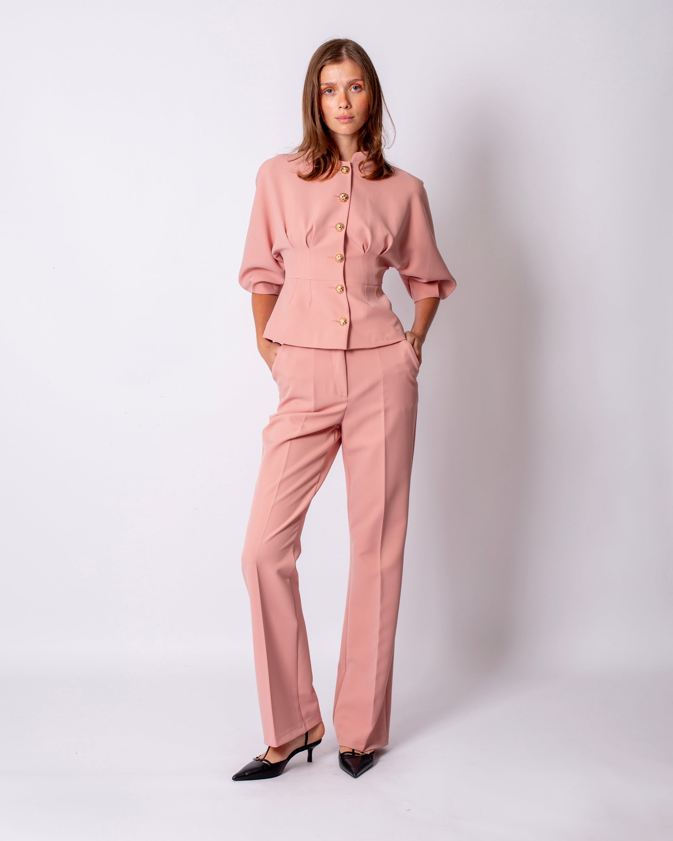 Önü Düğme Detaylı Ceket-Pantolon Takım