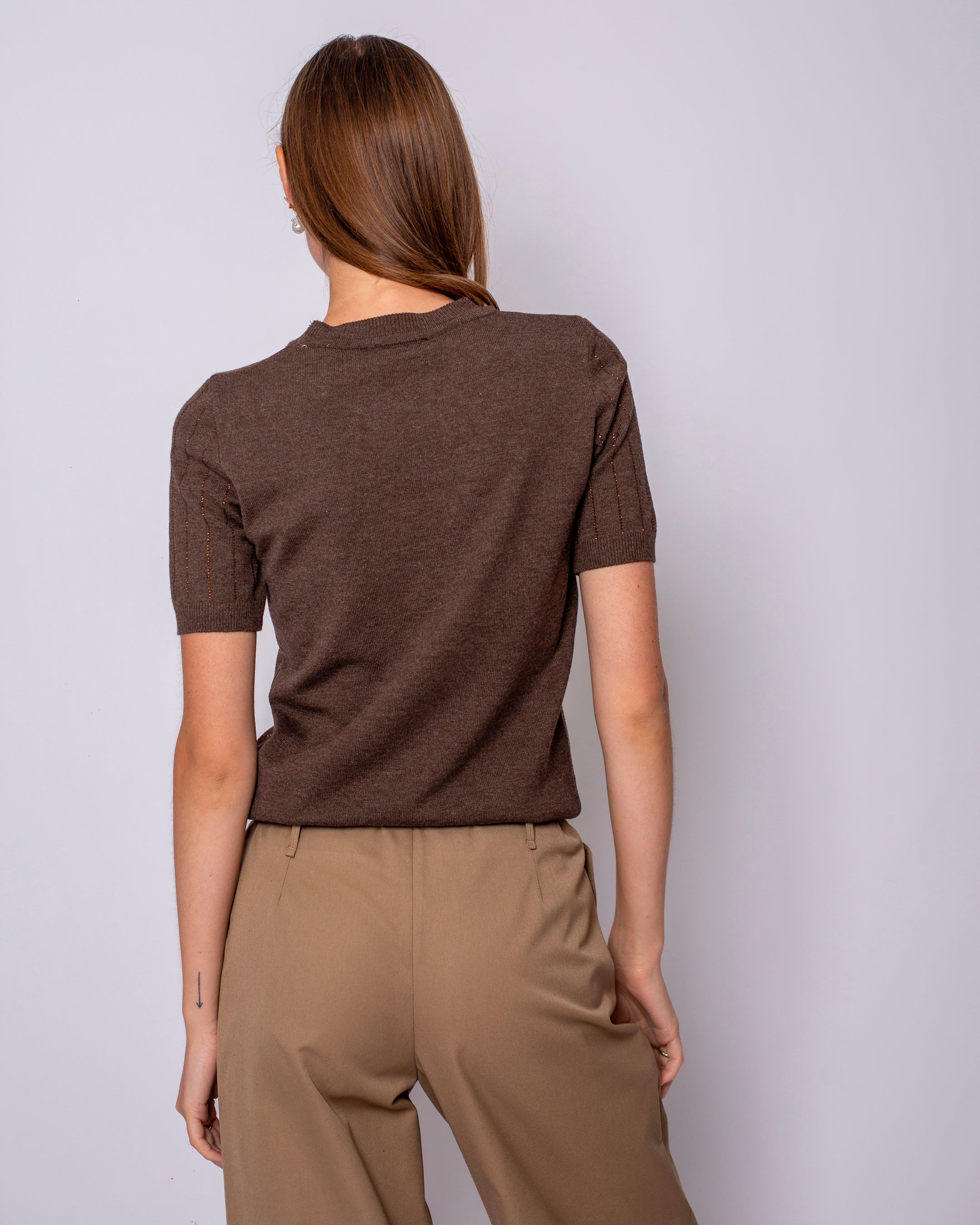 Yuvarlak Yaka Kısa Kollu Çizgili Taşlı Triko Bluz