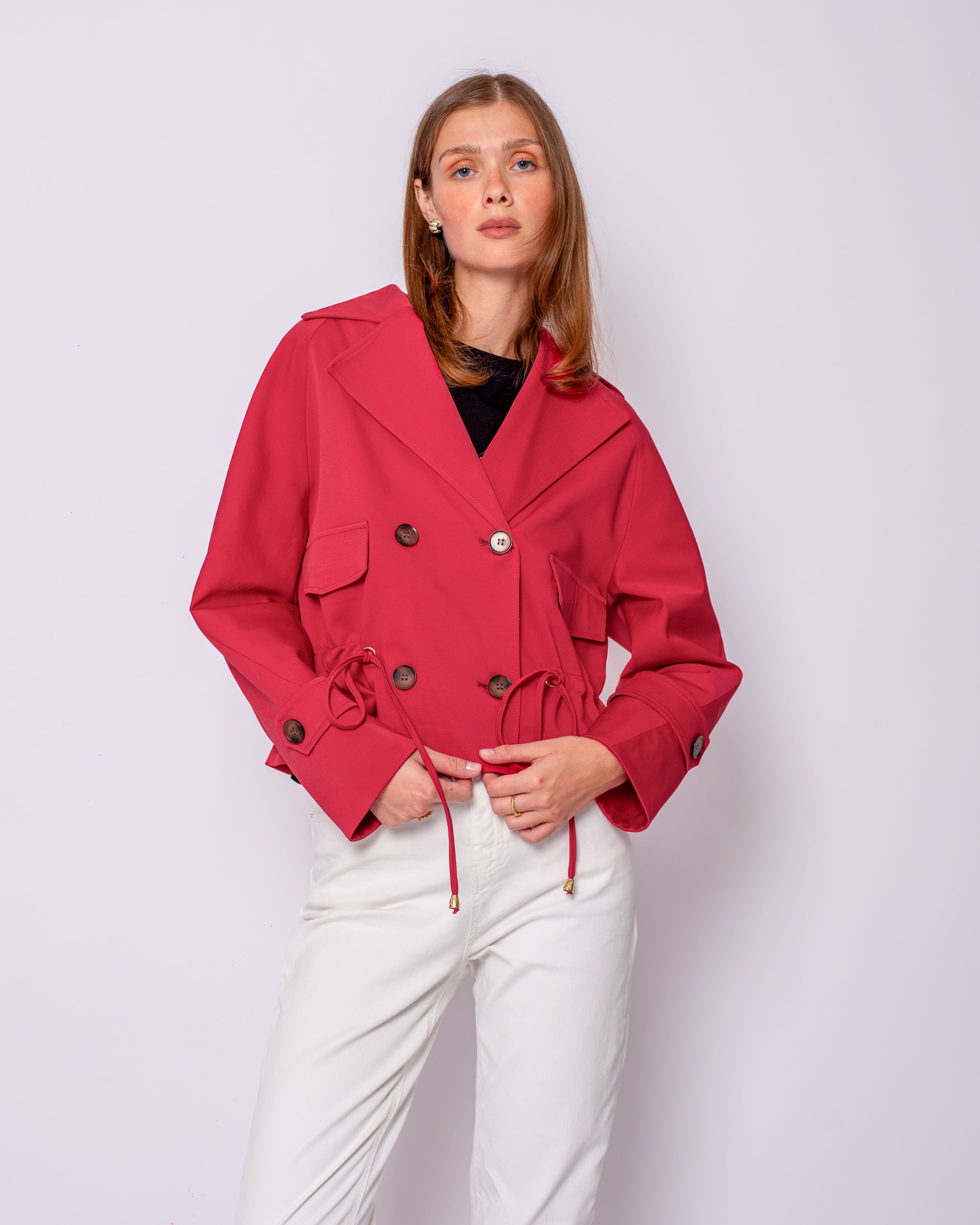 Button Detailed Drawstring Waist Short Trench Coat