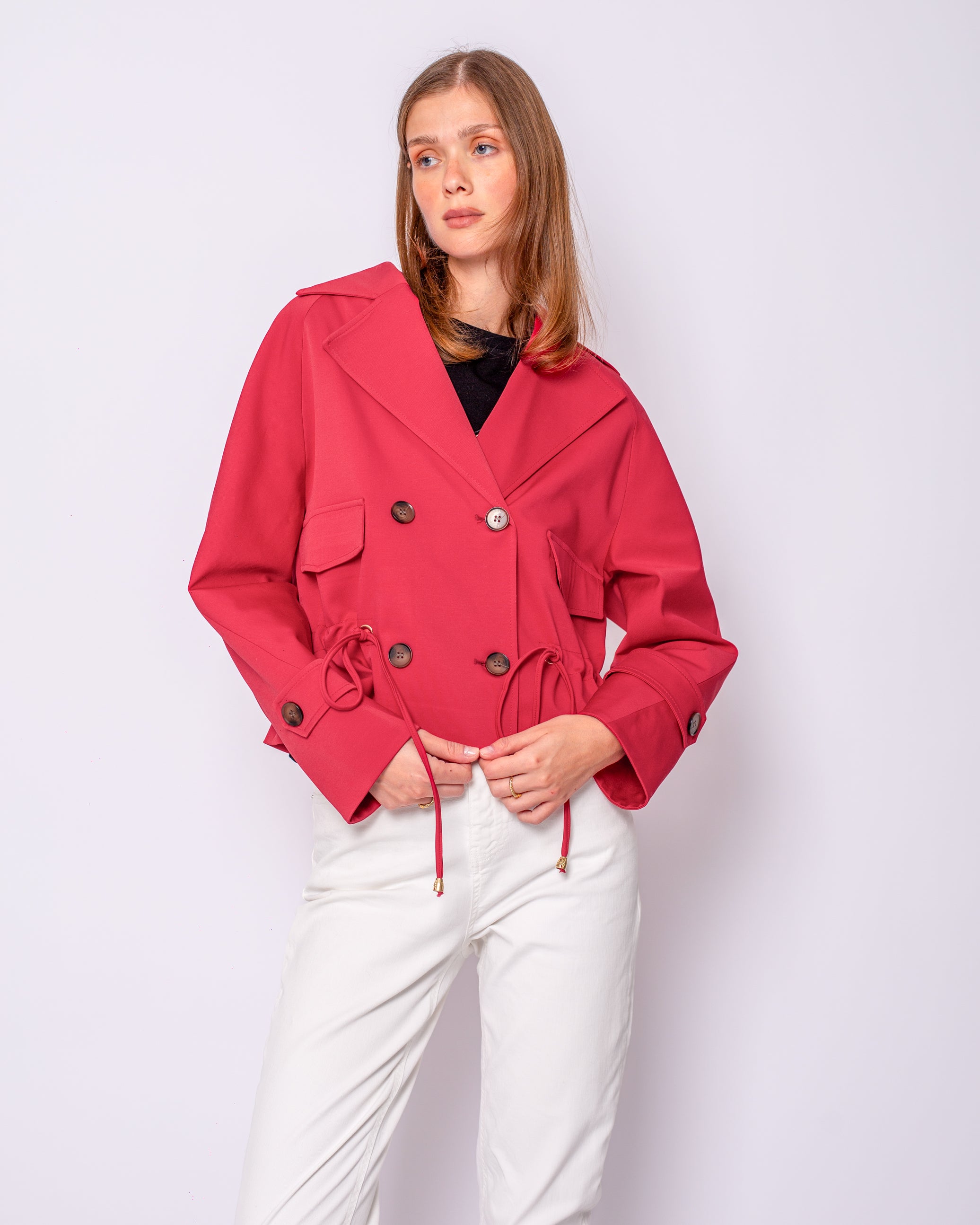 Button Detailed Drawstring Waist Short Trench Coat