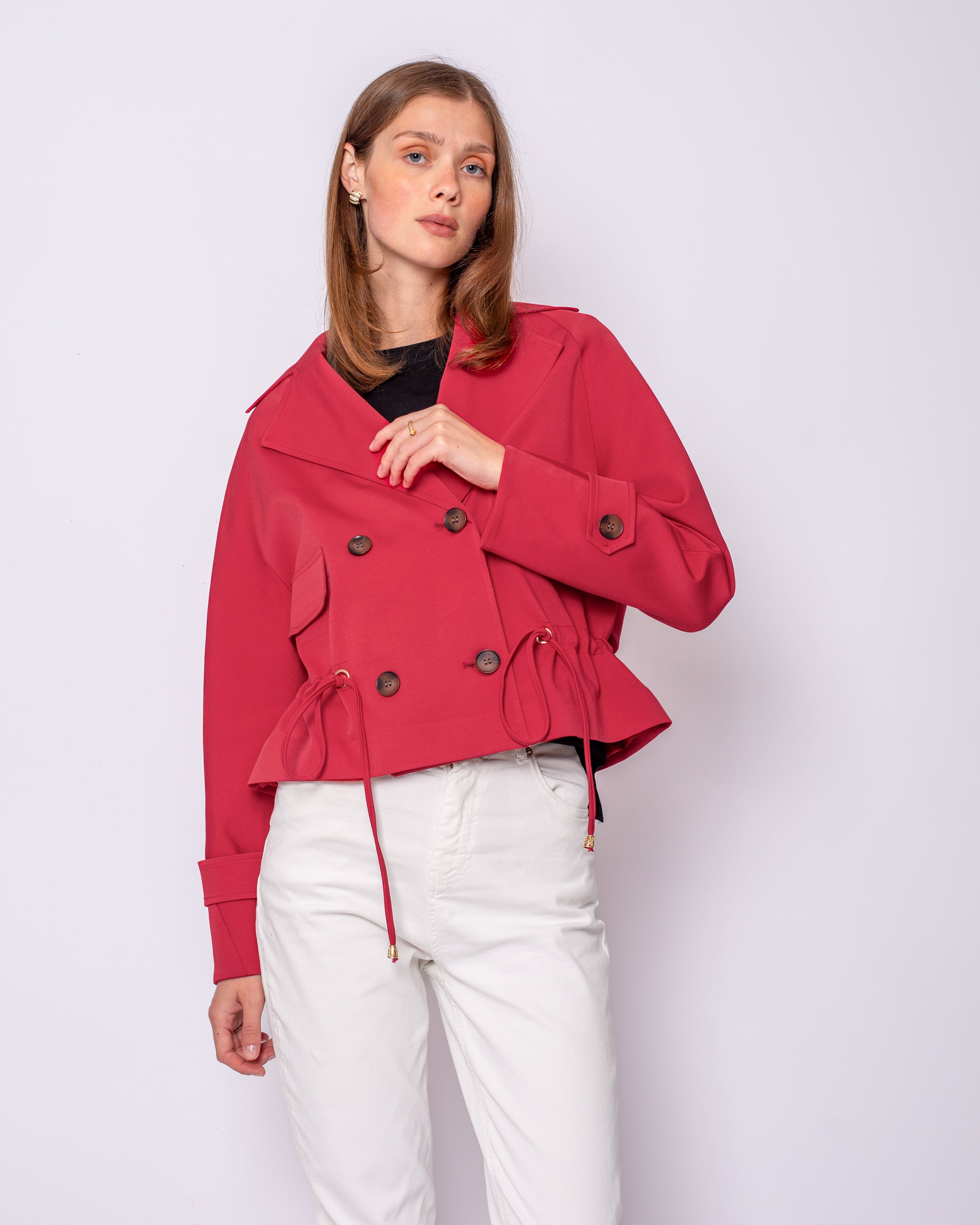 Button Detailed Drawstring Waist Short Trench Coat
