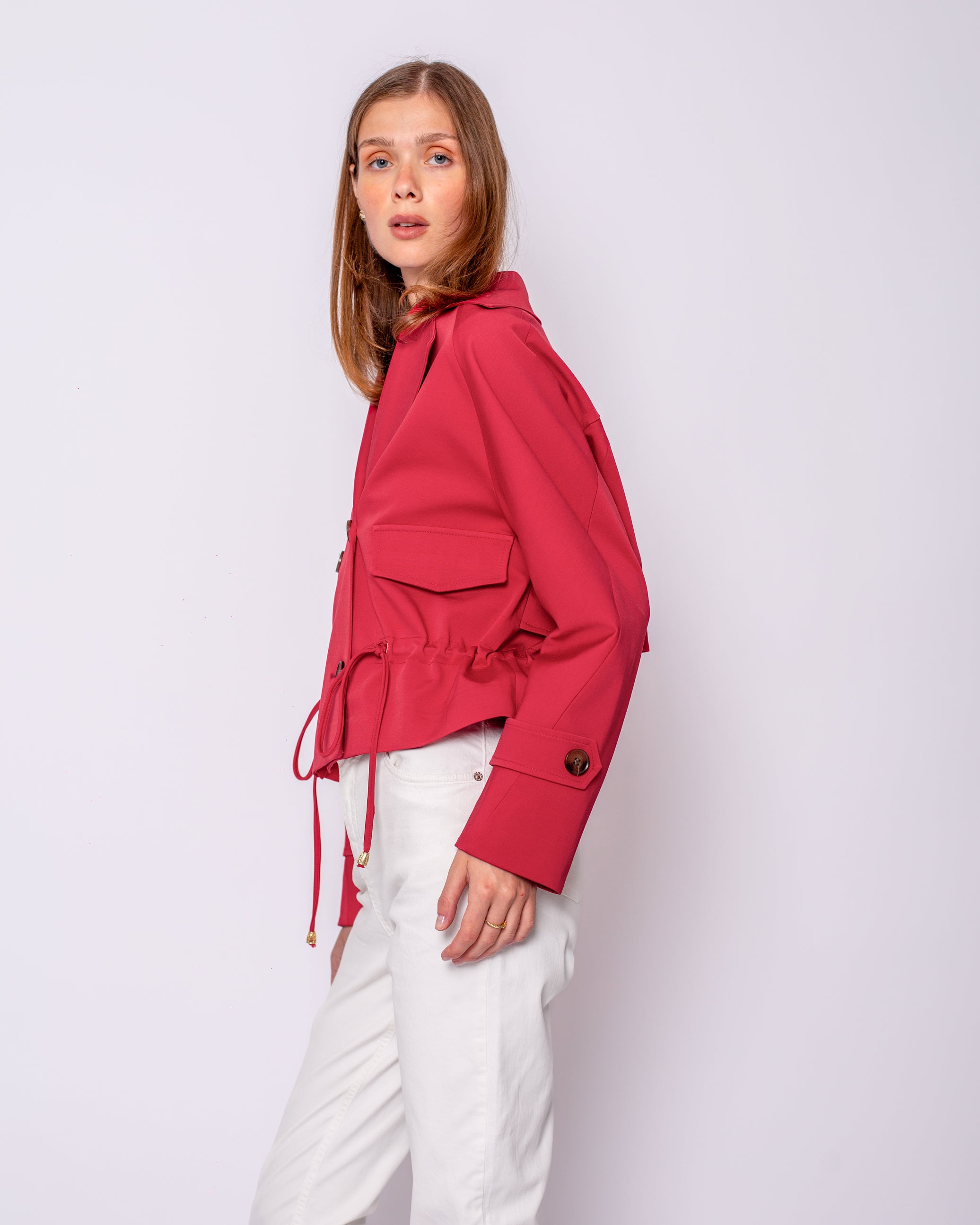 Button Detailed Drawstring Waist Short Trench Coat