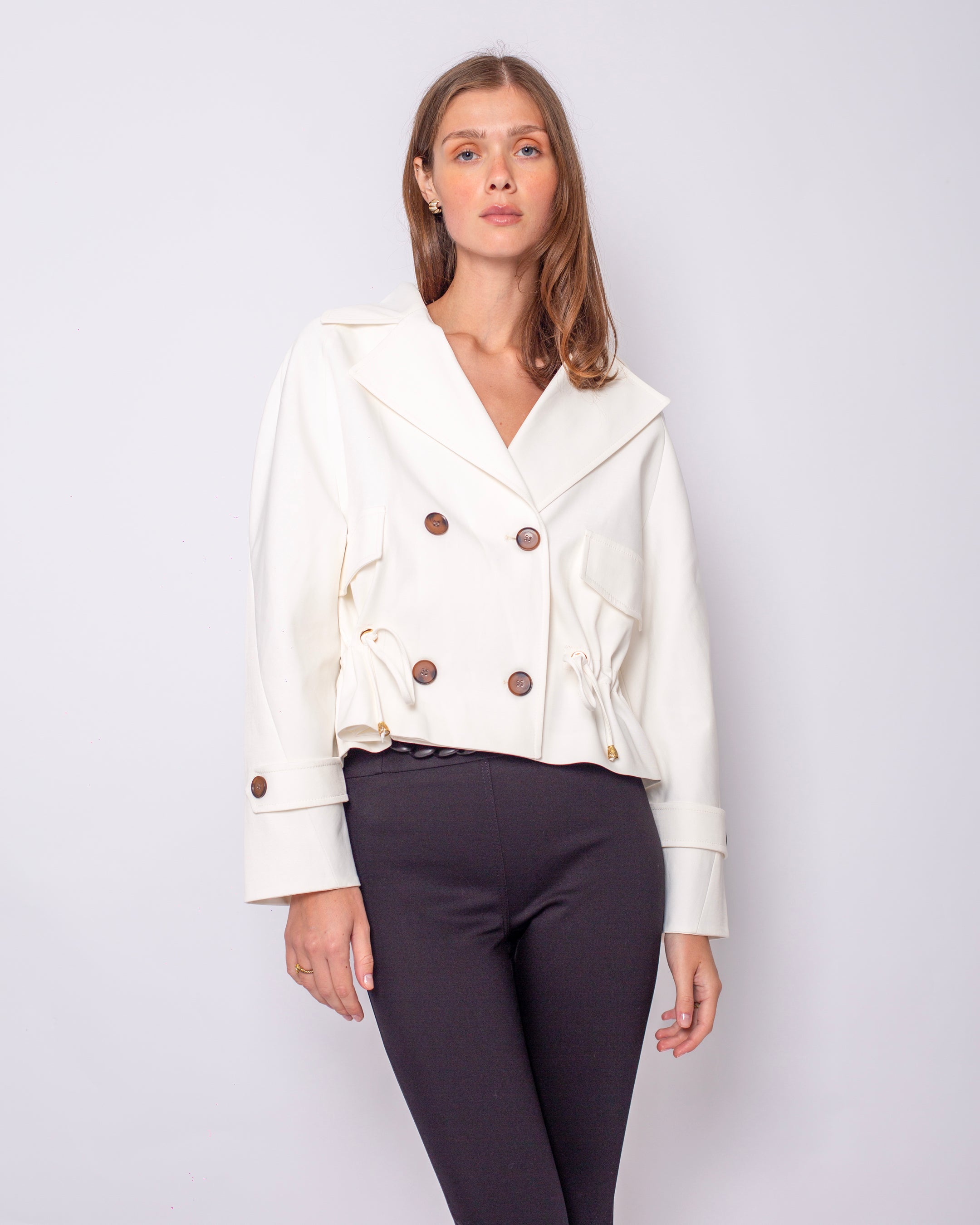 Button Detailed Drawstring Waist Short Trench Coat
