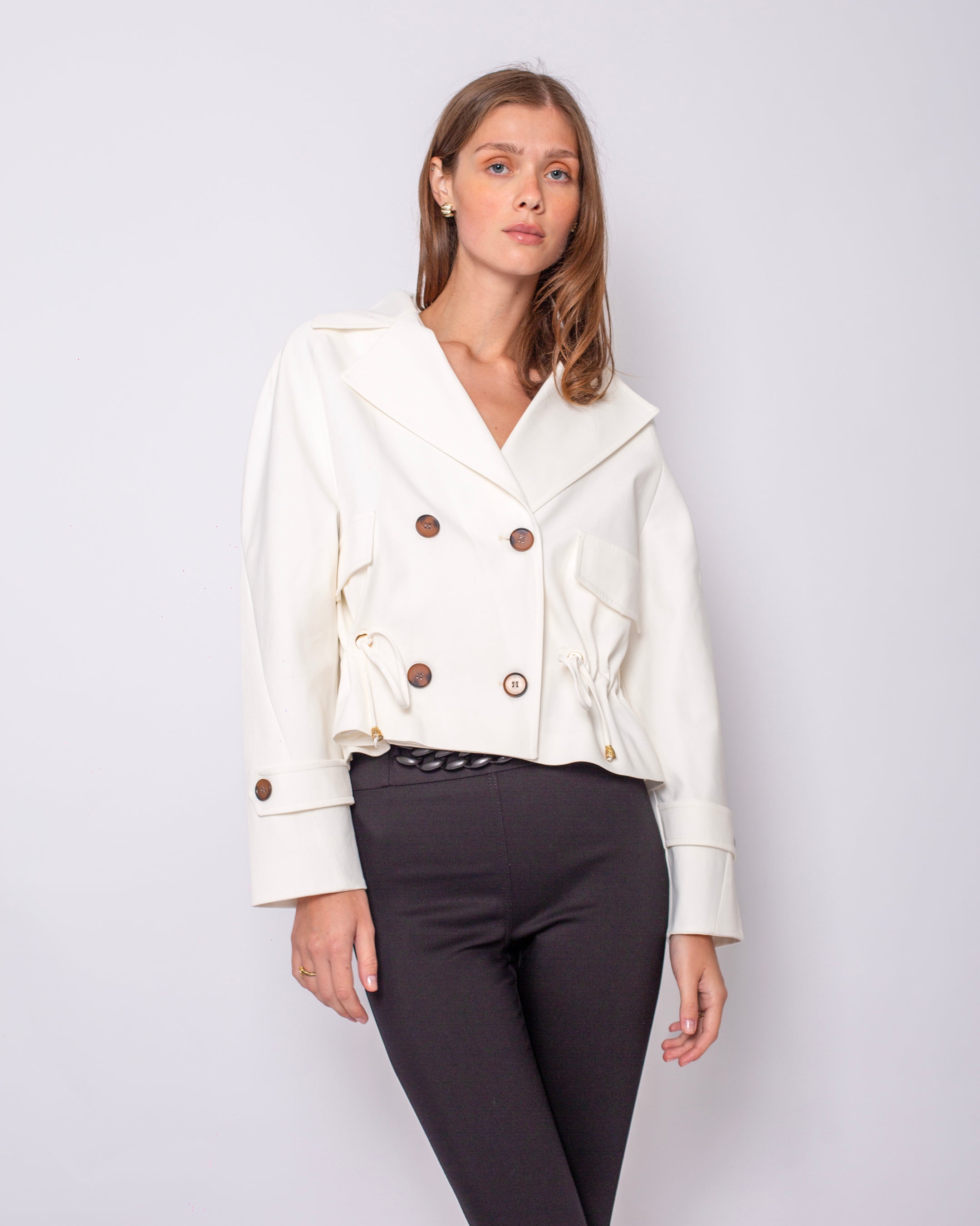 Button Detailed Drawstring Waist Short Trench Coat