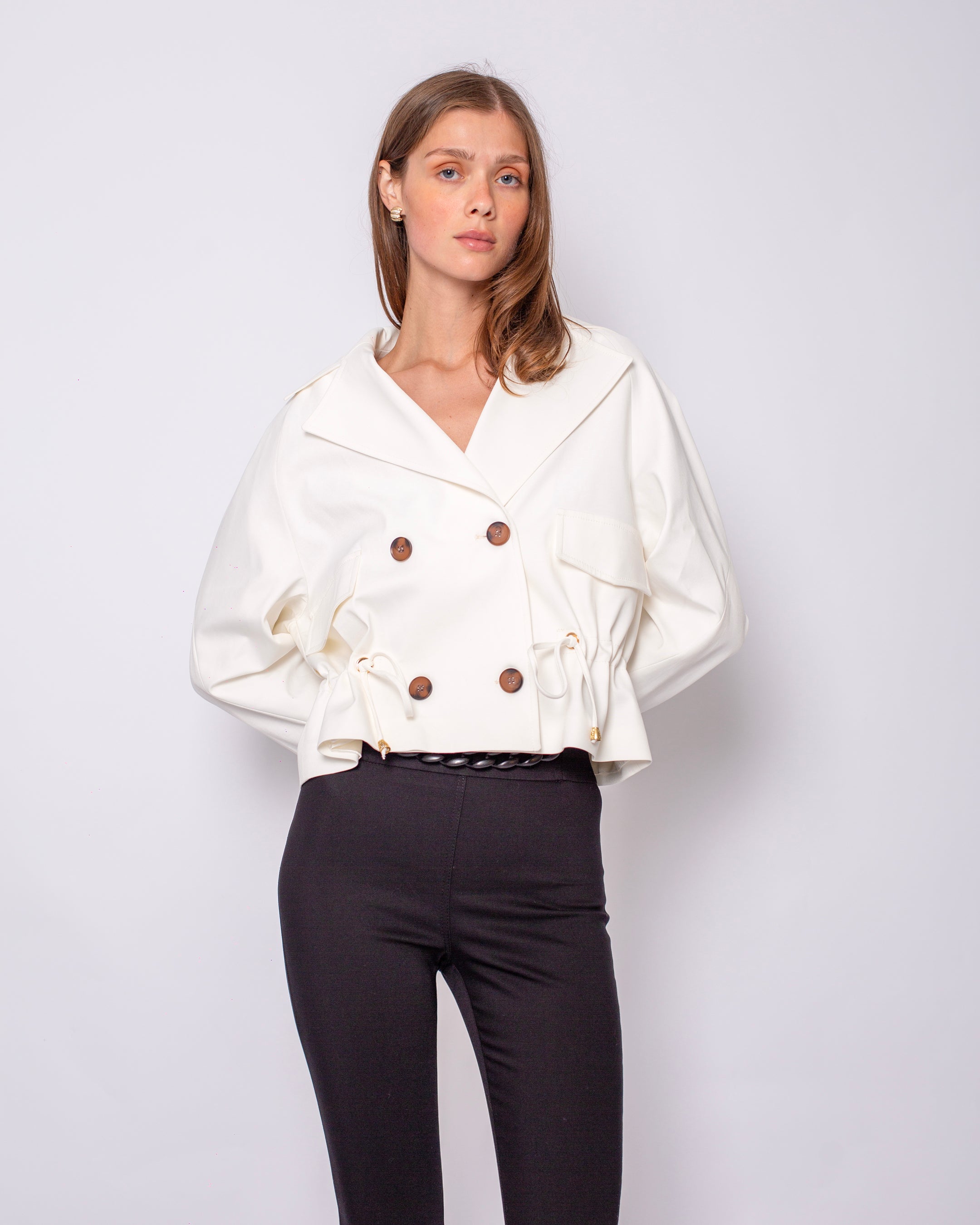 Button Detailed Drawstring Waist Short Trench Coat