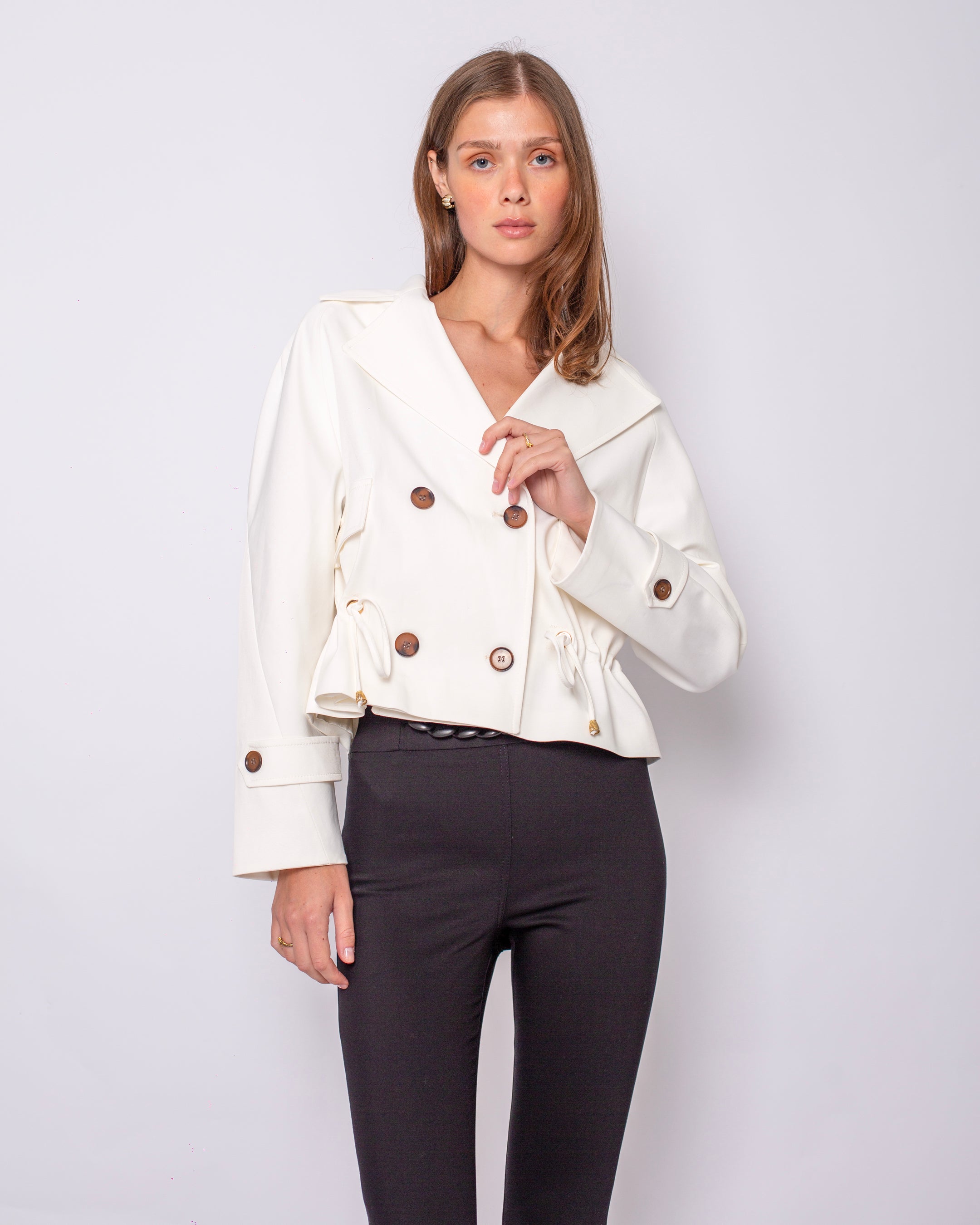 Button Detailed Drawstring Waist Short Trench Coat